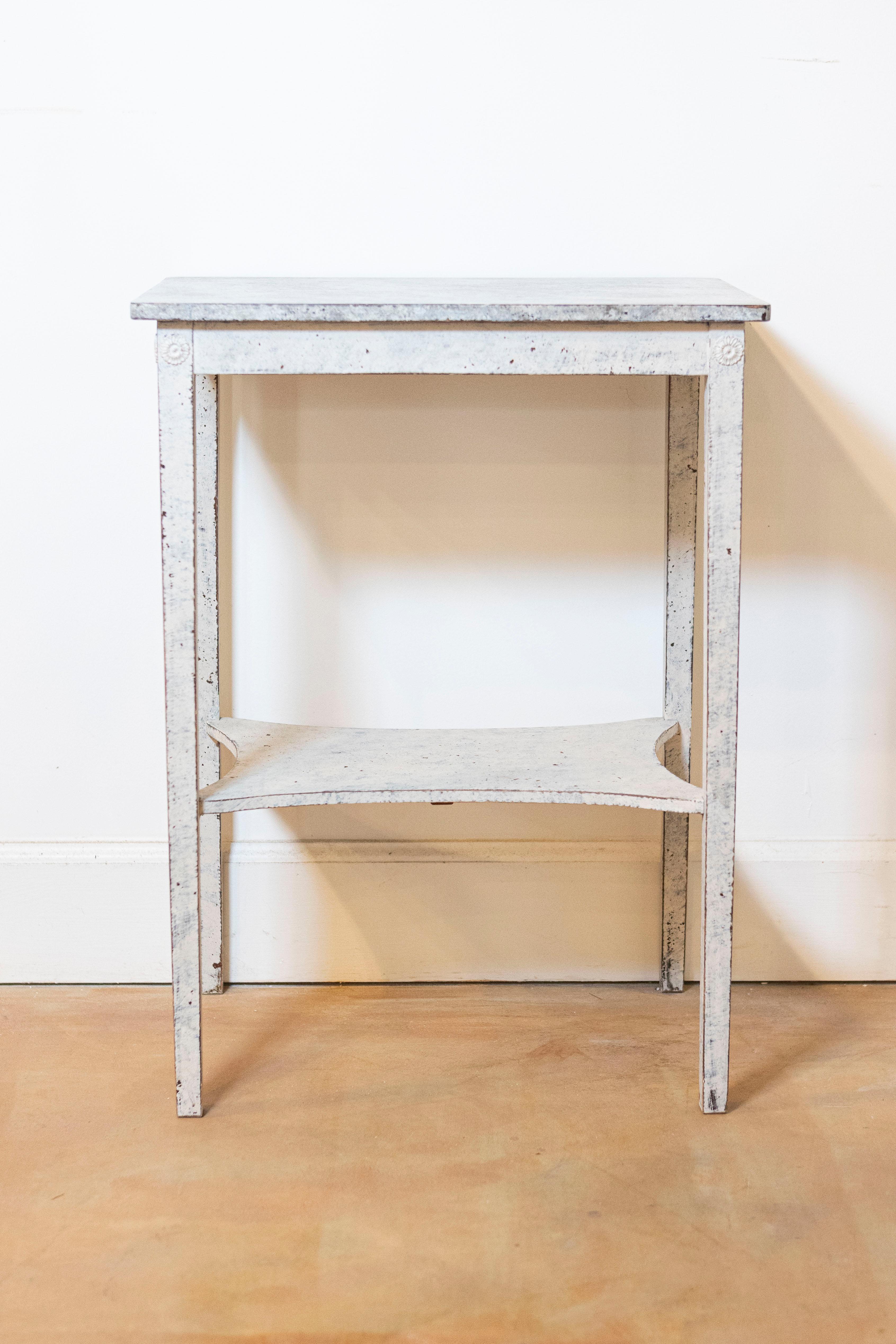 French Swedish 19th Century Painted Side Table with Marbleized Top and In-Curving Shelf