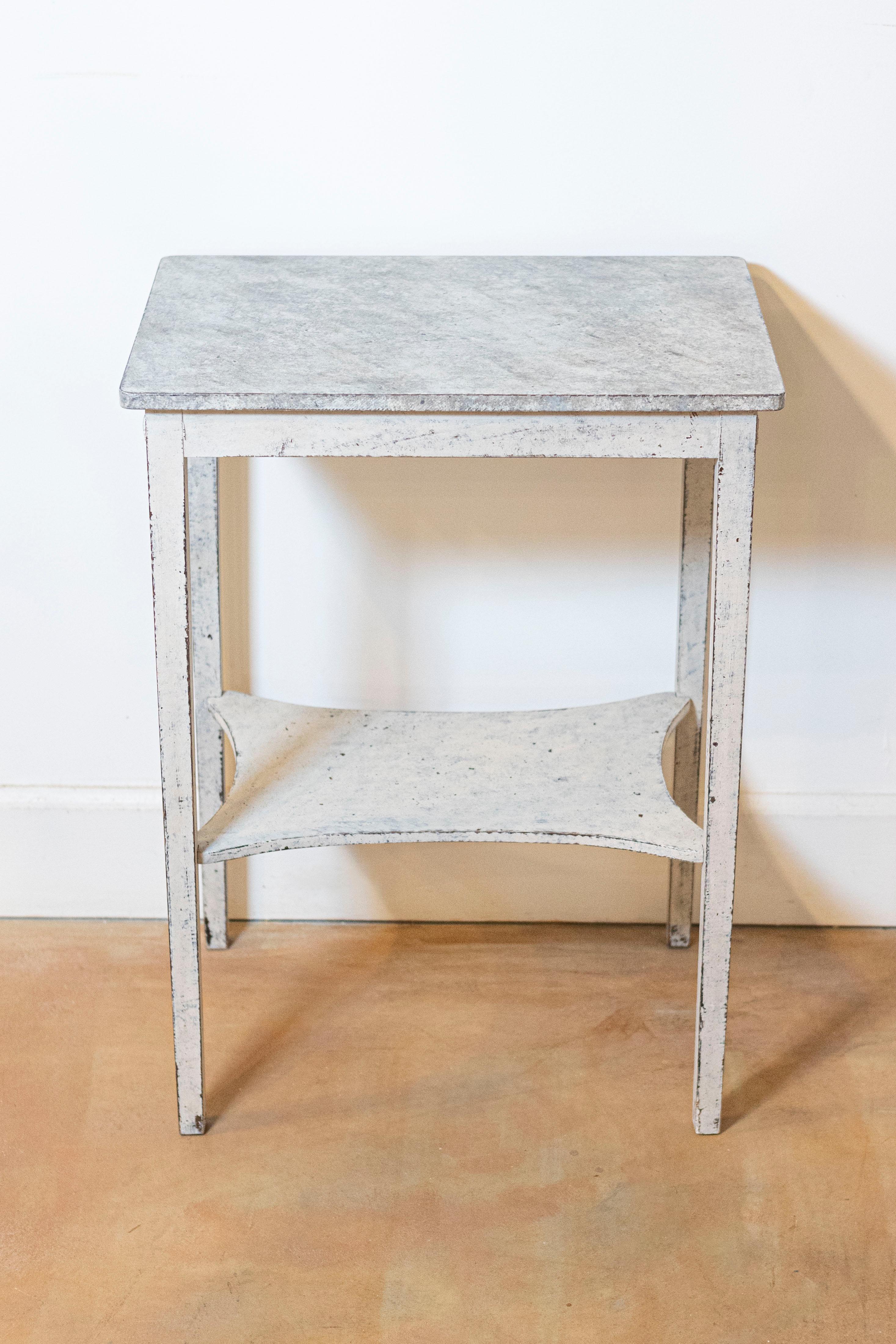 Wood Swedish 19th Century Painted Side Table with Marbleized Top and In-Curving Shelf