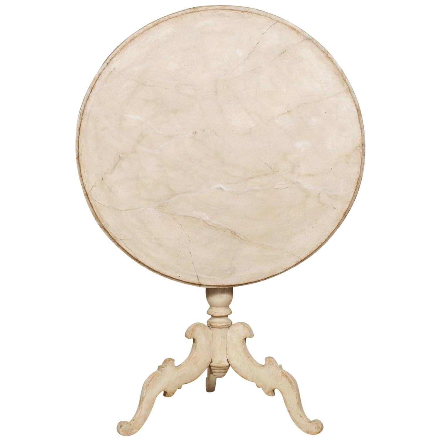 Swedish 19th Century Rococo Style Painted Tripod Table with Faux Marble Tilt-Top