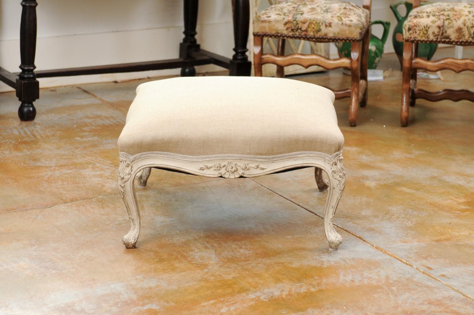 Swedish 19th Century Rococo Style Painted Upholstered Stool with Carved Shells For Sale 6