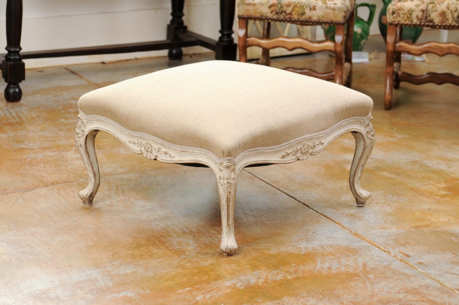 Swedish 19th Century Rococo Style Painted Upholstered Stool with Carved Shells For Sale 7