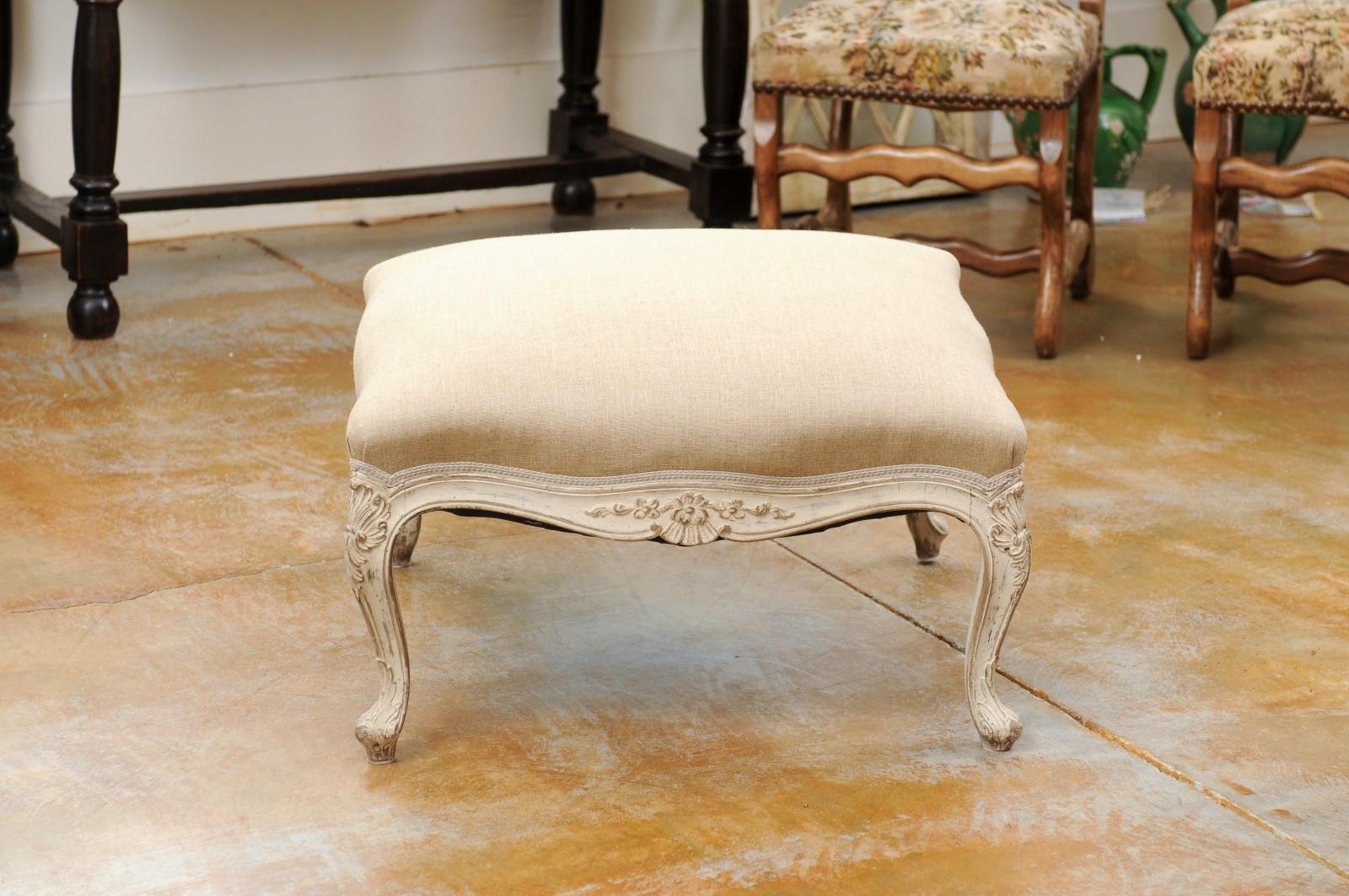 Swedish 19th Century Rococo Style Painted Upholstered Stool with Carved Shells For Sale 8