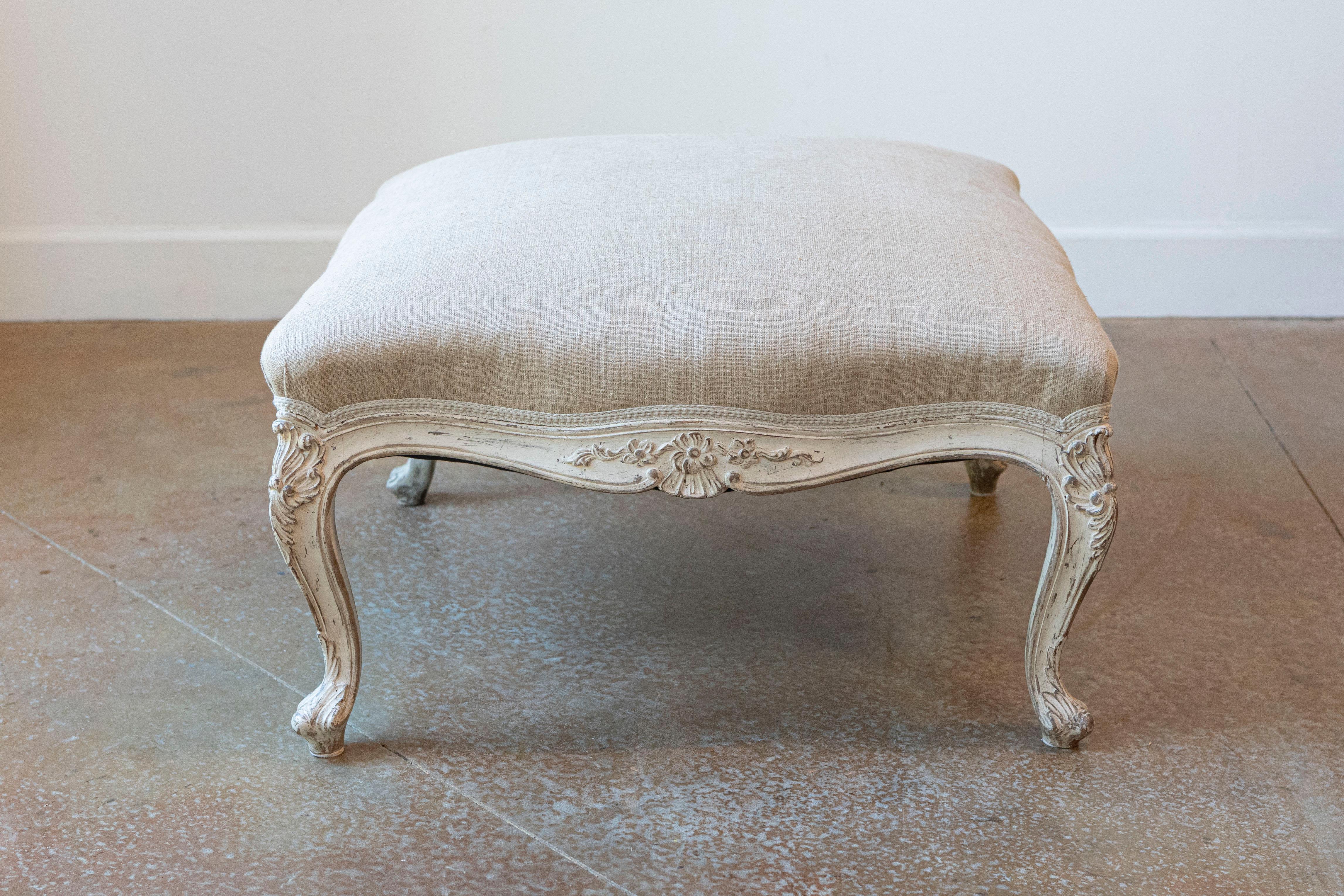 Swedish 19th Century Rococo Style Painted Upholstered Stool with Carved Shells In Good Condition For Sale In Atlanta, GA