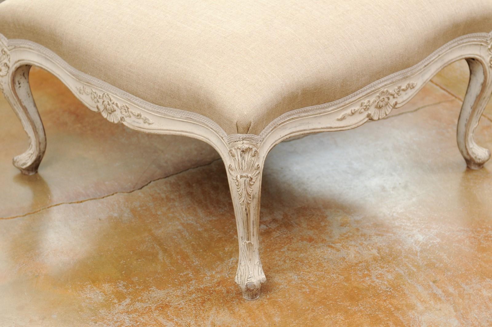 Upholstery Swedish 19th Century Rococo Style Painted Upholstered Stool with Carved Shells For Sale