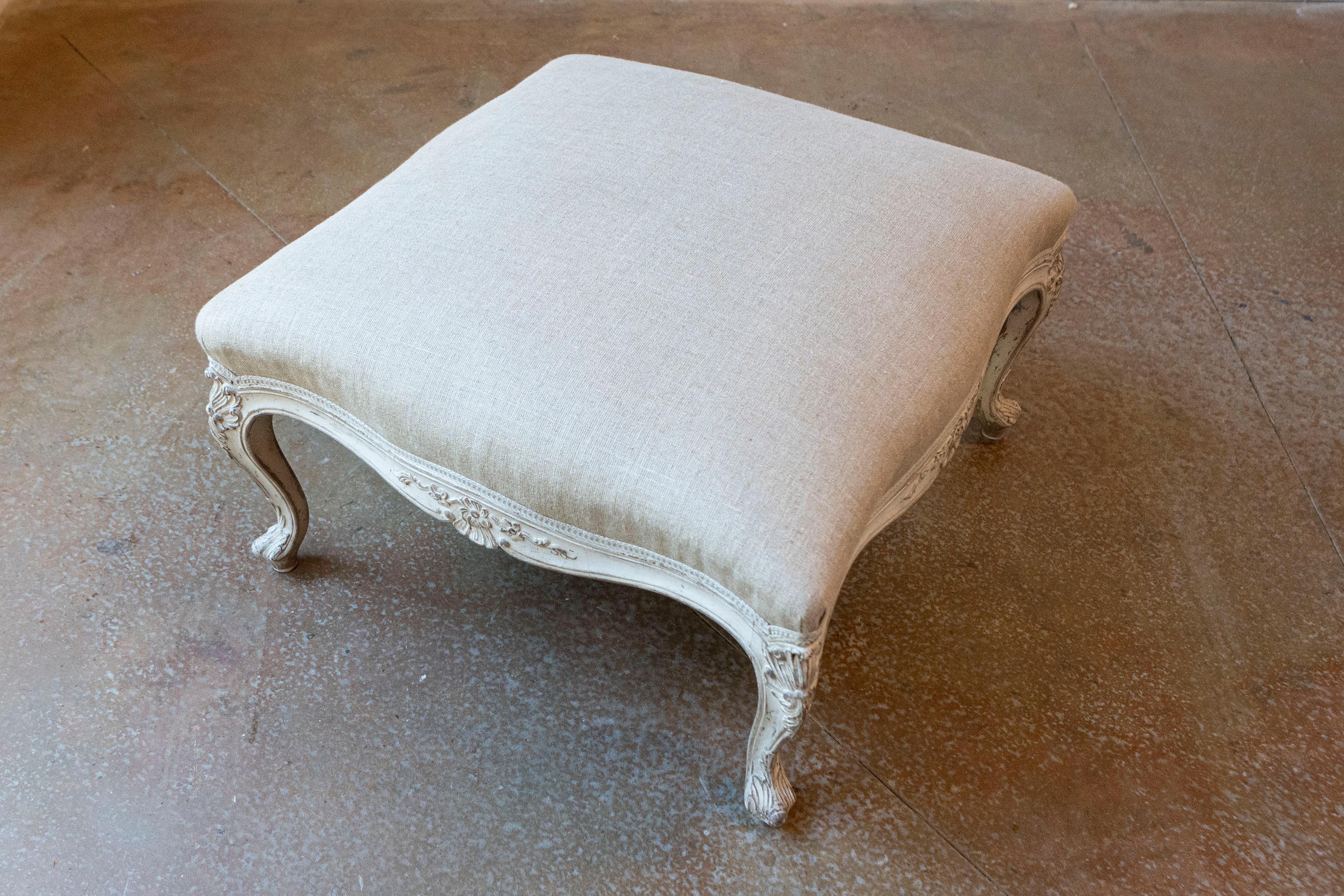 Upholstery Swedish 19th Century Rococo Style Painted Upholstered Stool with Carved Shells For Sale