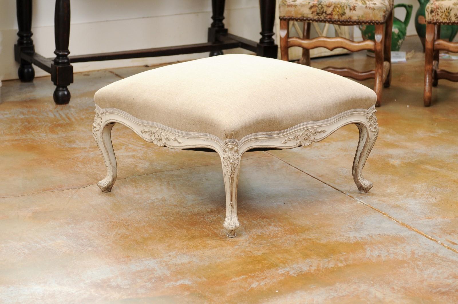 Swedish 19th Century Rococo Style Painted Upholstered Stool with Carved Shells For Sale 5