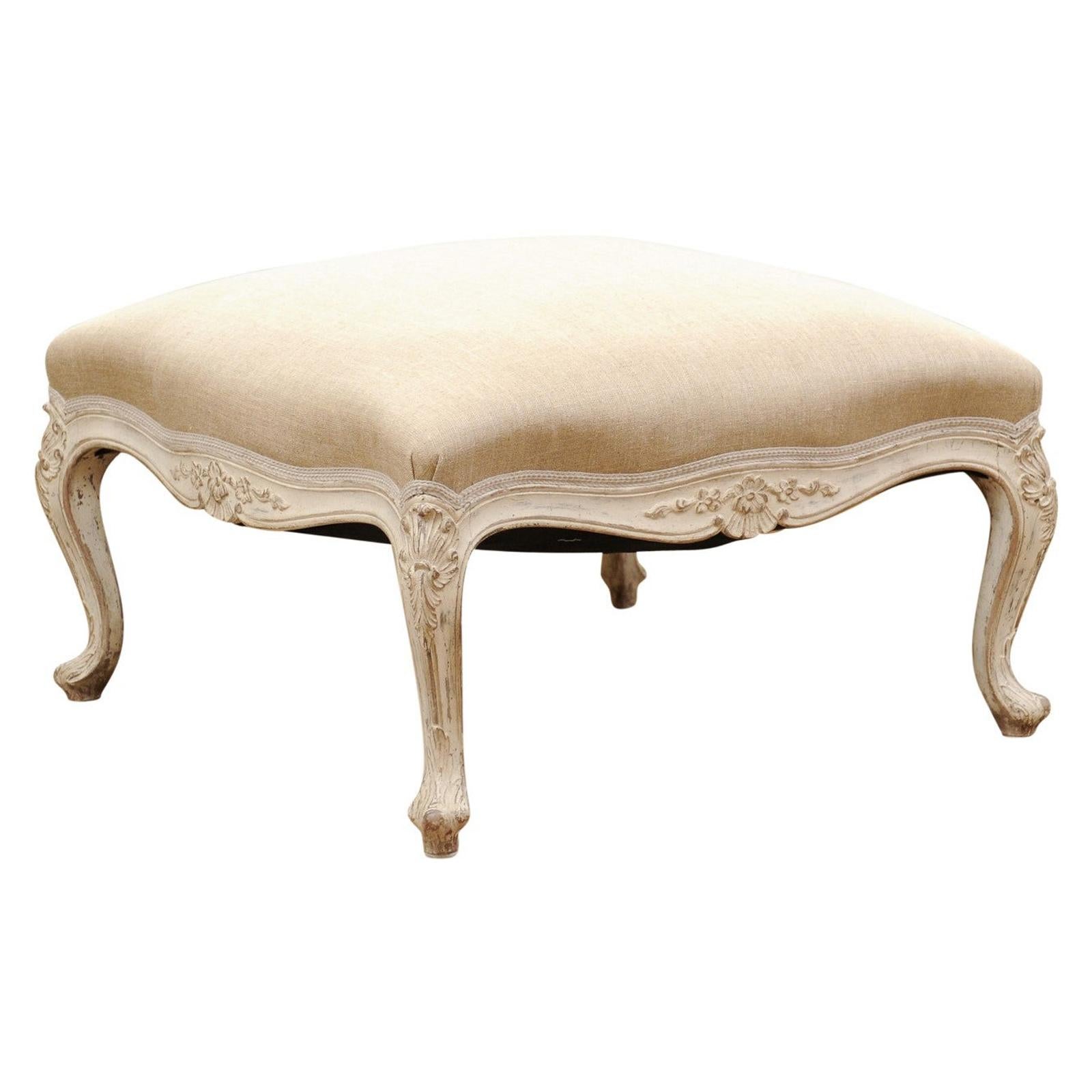 Swedish 19th Century Rococo Style Painted Upholstered Stool with Carved Shells For Sale