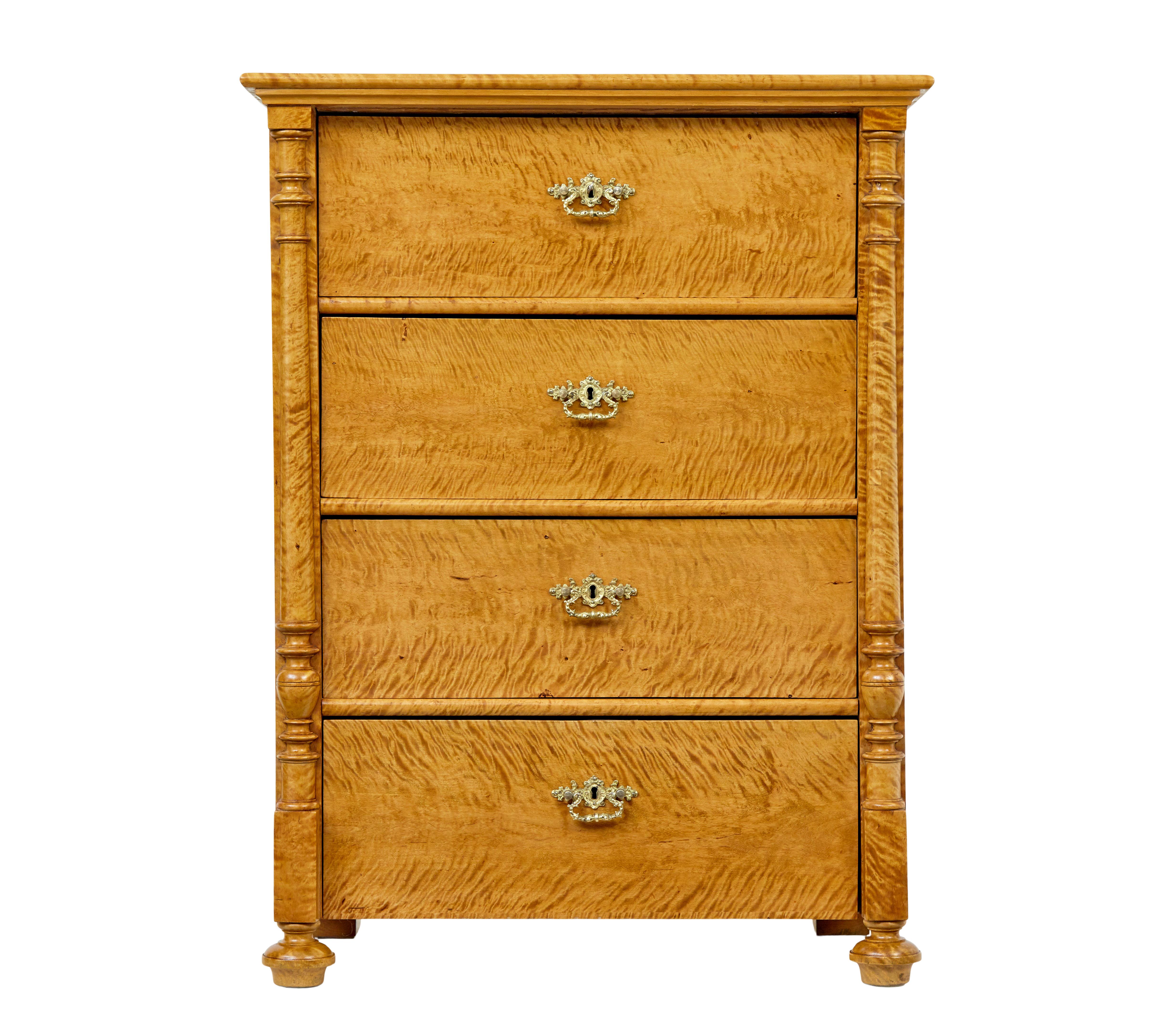 Swedish 19th century tiger birch chest of drawers circa 1890.

Beautiful quality chest of drawers made in tiger birch, which showcases the grain to allow a tiger like appearance.

Rectangular top with rounded edge.  Arranged with 4 drawers of near