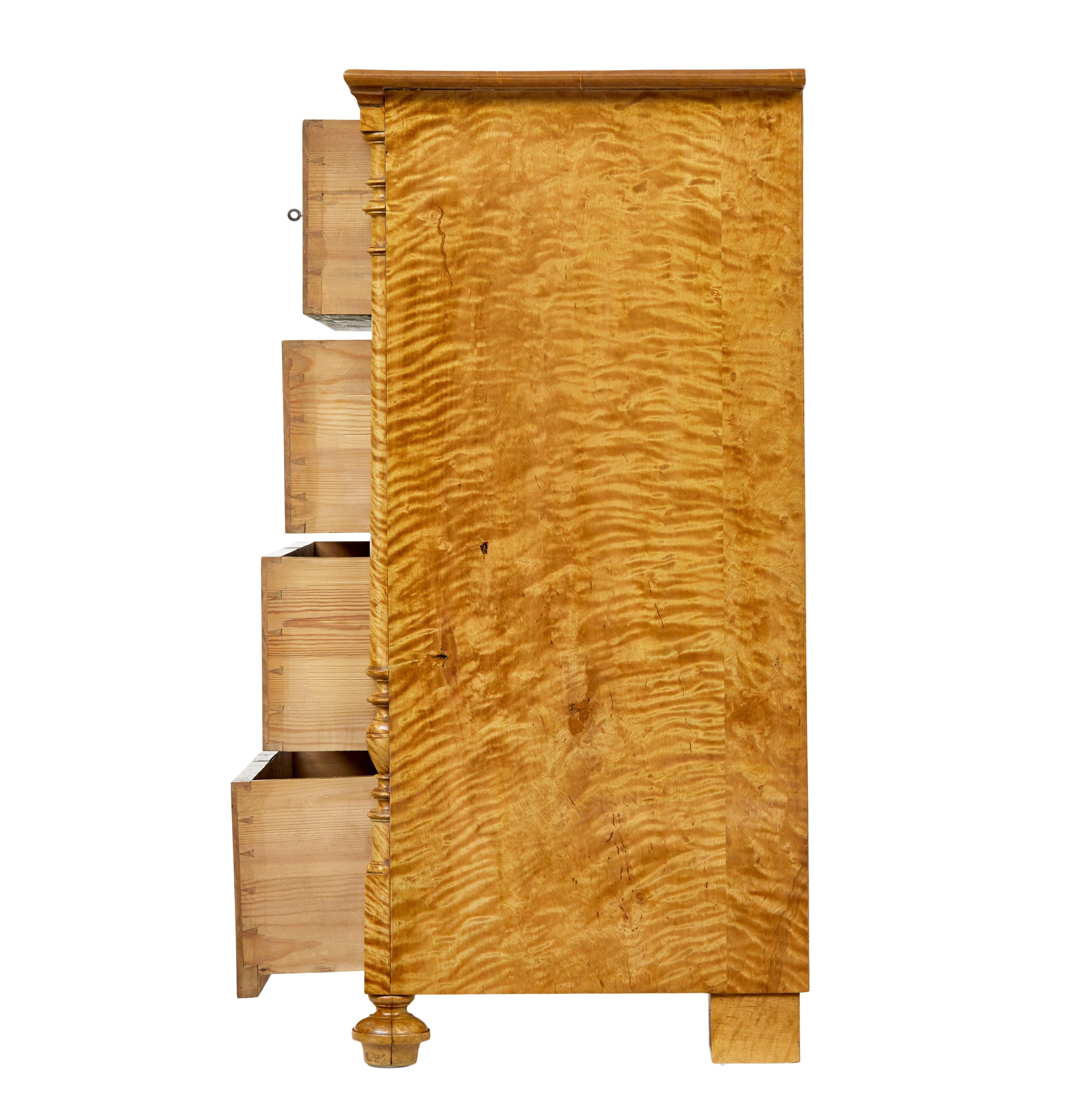Hand-Carved Swedish 19th century tiger birch chest of drawers For Sale