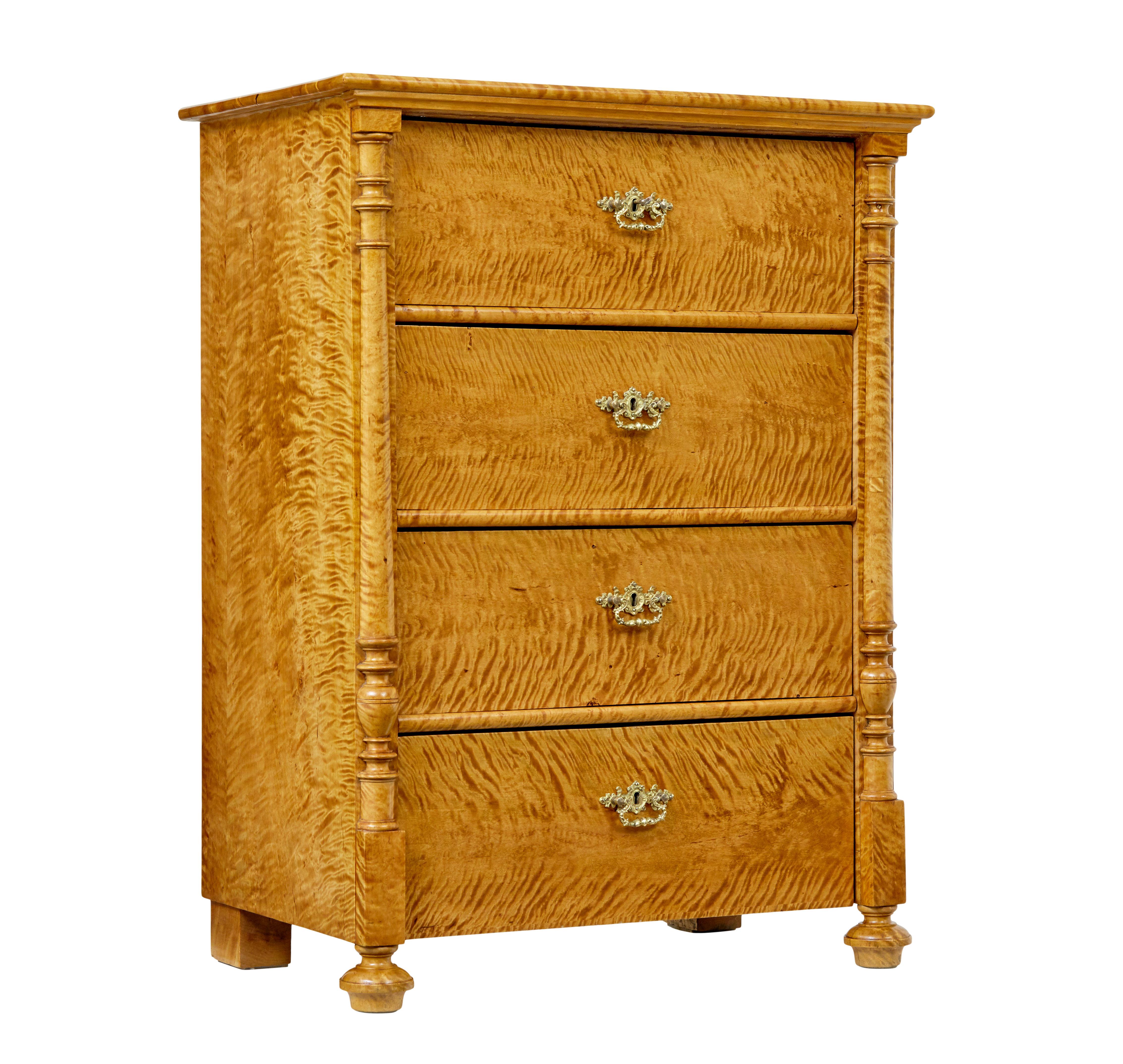 Birch Swedish 19th century tiger birch chest of drawers For Sale