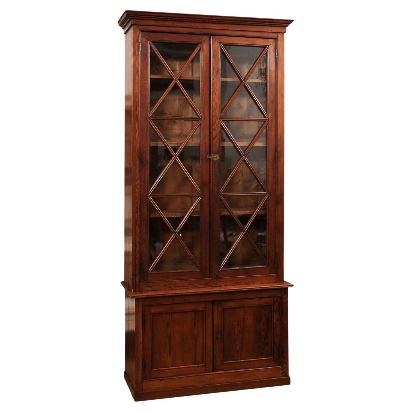Swedish 19th Century Two-Part Glass and Walnut Doors Vitrine with X-Form Motifs For Sale