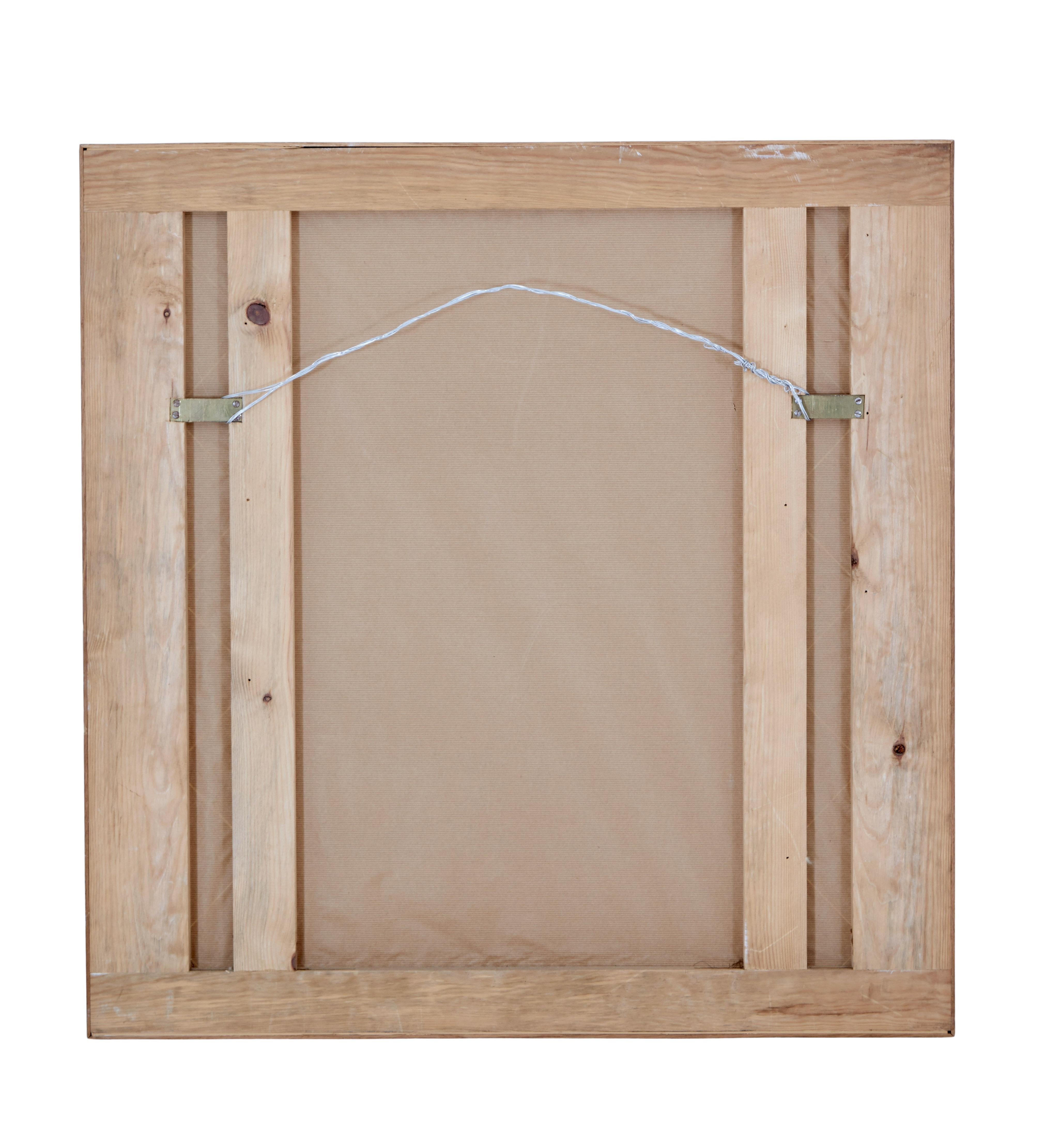 Swedish 20th century oak framed hall mirror circa 1960.

Here we have a near square mid century mirror with oak frame coloured to match walnut. Central upright rectangular mirror flanked either side by further mirrors arranged in a latice pattern,