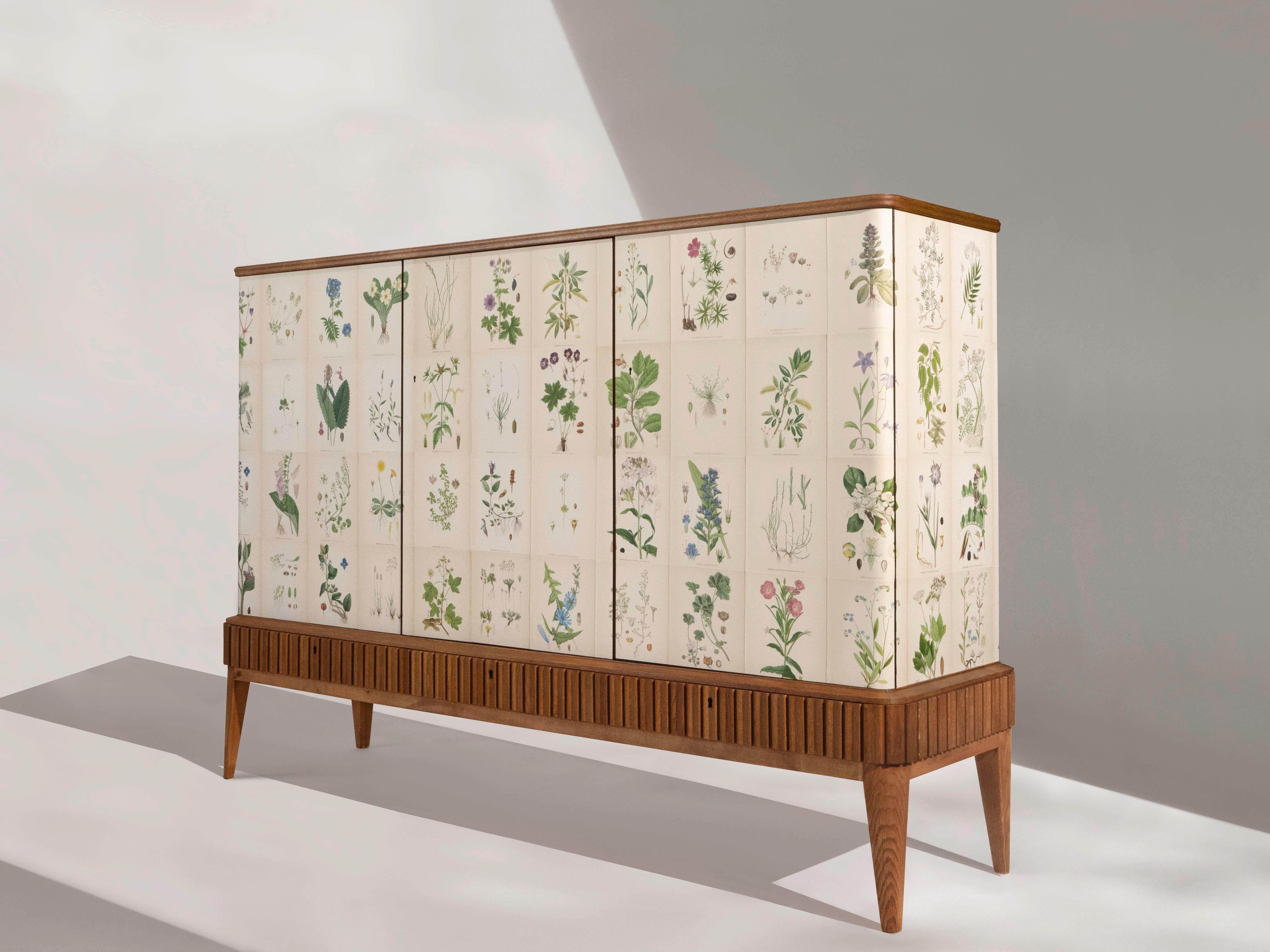 Scandinavian Modern Swedish 3-Door Cabinet with Nordens Flora Illustrations, Josef Frank Style