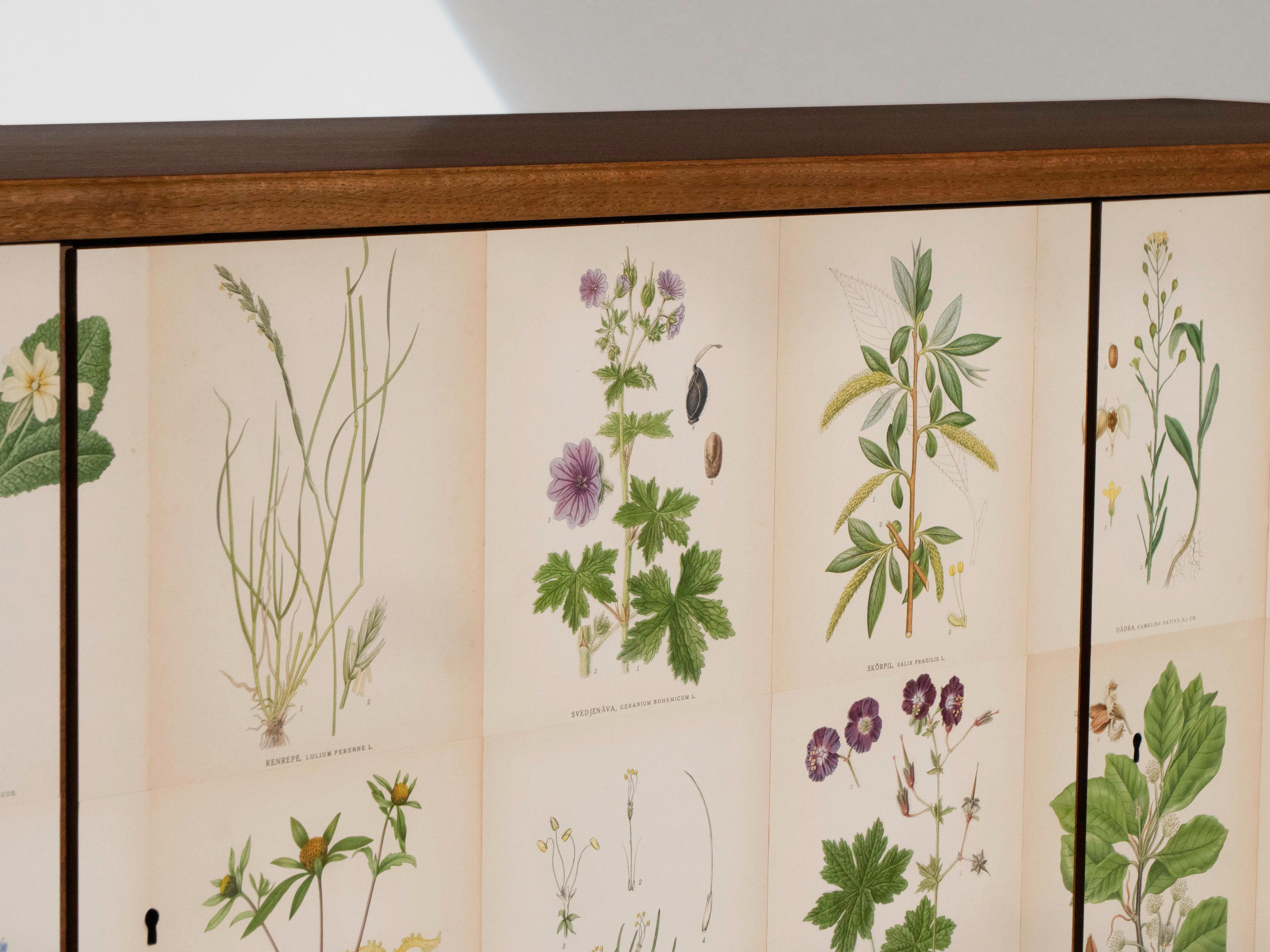 Swedish 3-Door Cabinet with Nordens Flora Illustrations, Josef Frank Style In Good Condition In Los Angeles, CA
