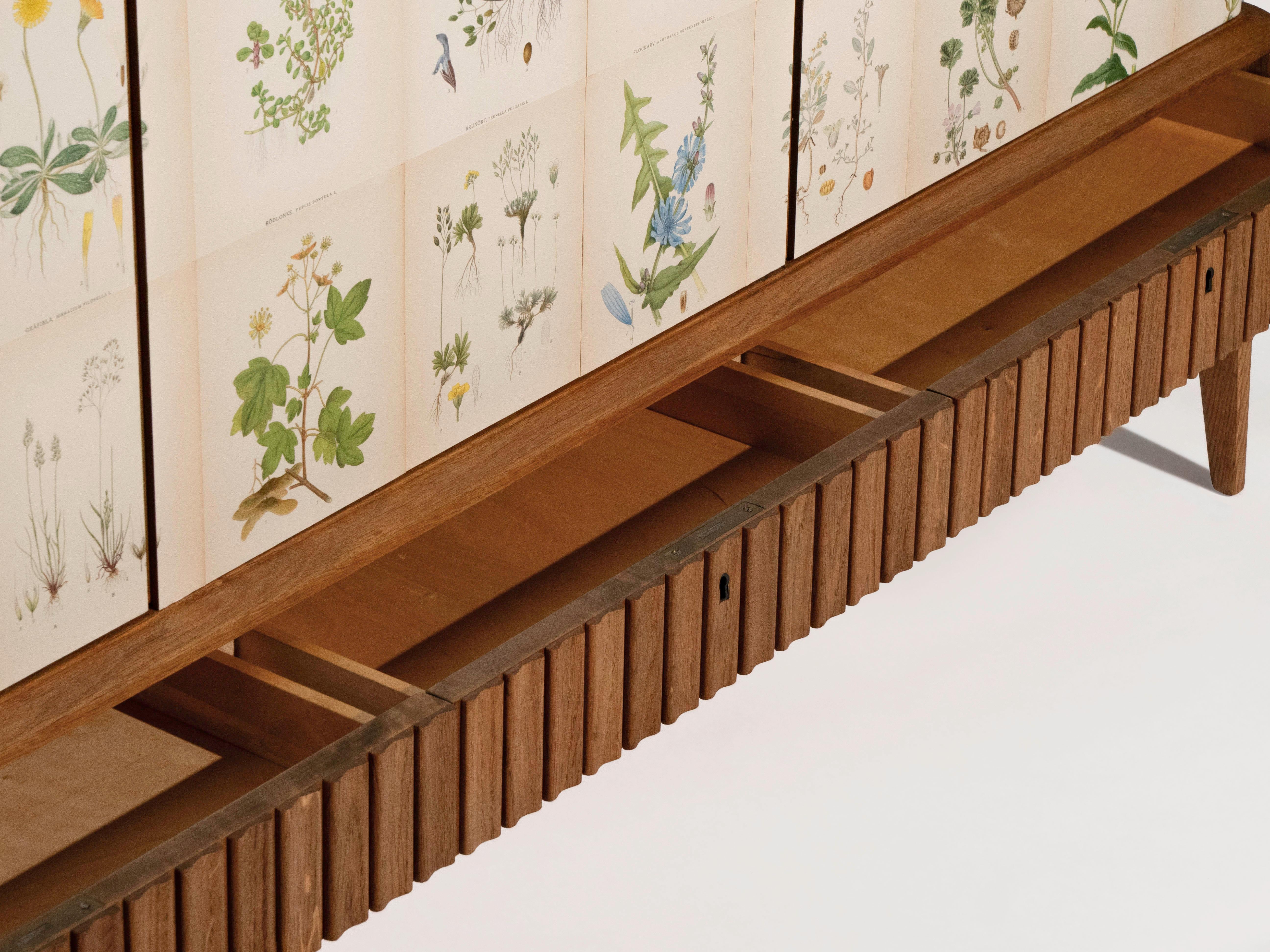 Mahogany Swedish 3-Door Cabinet with Nordens Flora Illustrations, Josef Frank Style