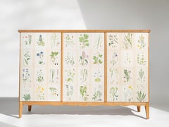 Swedish 3-Door Elm Cabinet with Nordens Flora Illustrations, 1950's