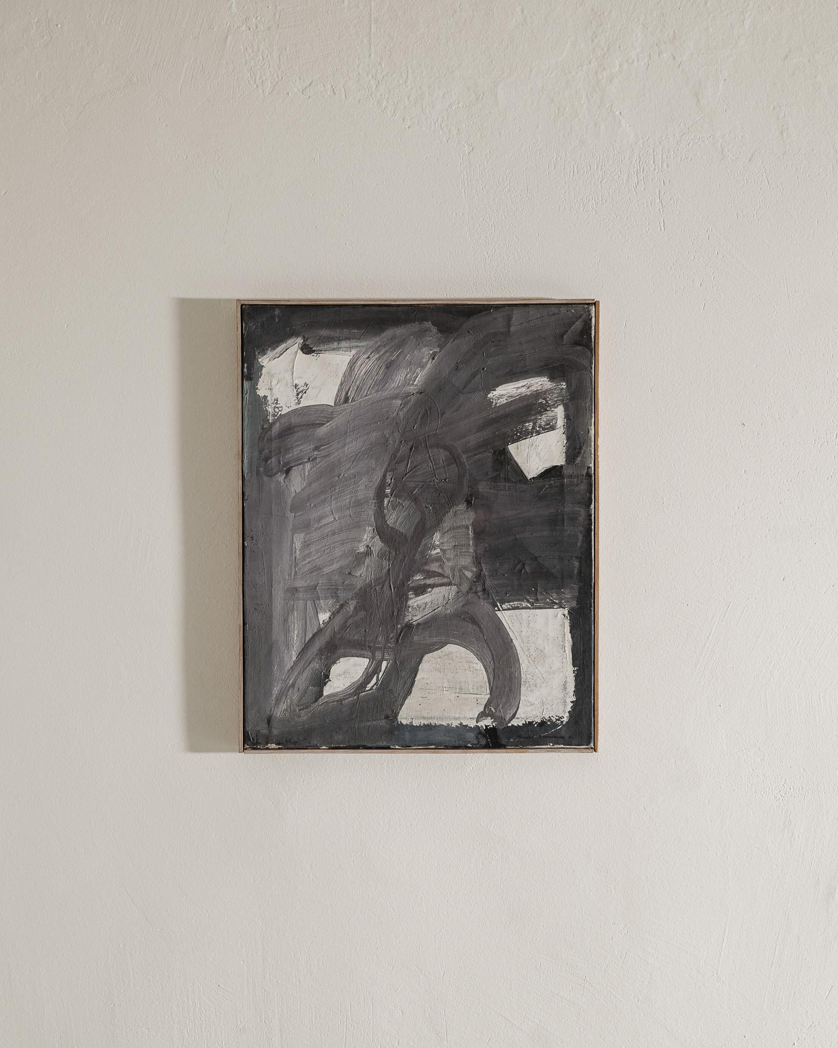Rara y hermosa obra de arte sueca abstracta al óleo sobre lienzo con marco de madera de pino de Bertil Berntsson de 1962. En buen estado vintage con pátina de envejecimiento. 

Dimensiones: Alto: 59 cm Ancho: 46 cm Fondo: 2 cm 