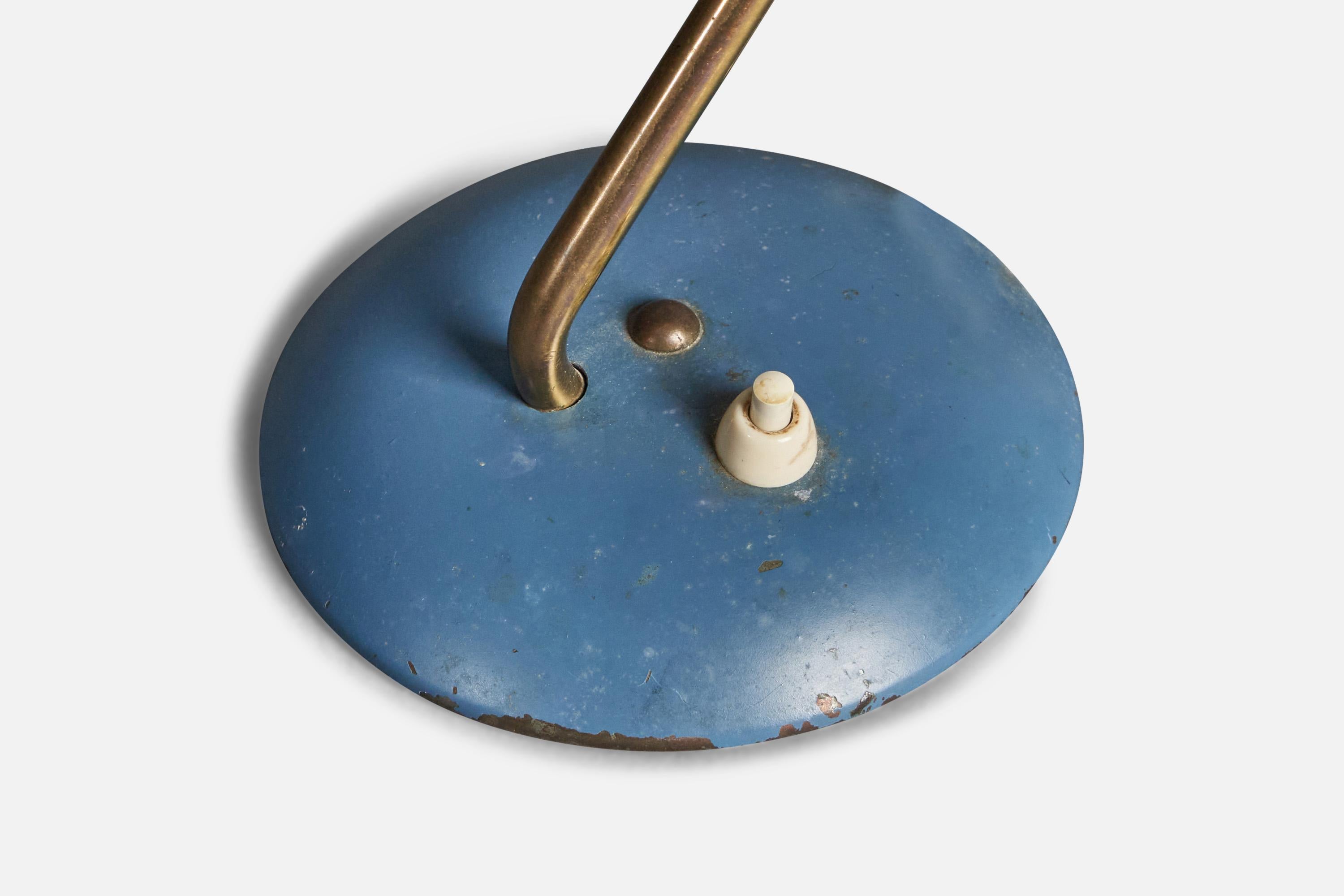 An adjustable desk light. Designed and produced in Sweden, c. 1950s. 
Condition: Good Wear consistent with age and use. Wear, marks, stains, minor traces of rust. 
Overall Dimensions (inches): 12.1 H x 5” W x 7.5” D 
Bulb Specifications: E-26 Bulb
