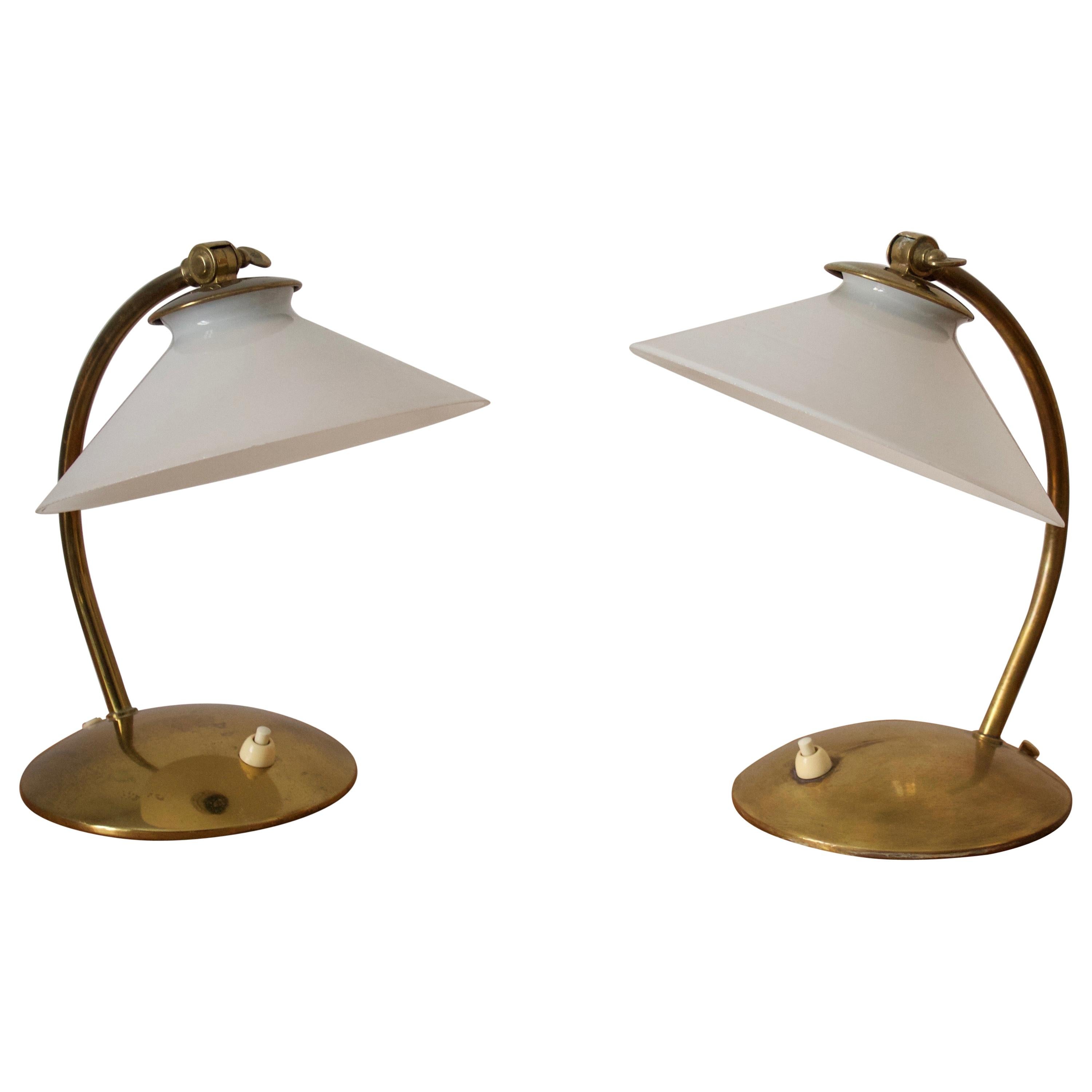 Swedish, Adjustable Desk Lights, Brass, Milk Glass, Sweden, 1940s