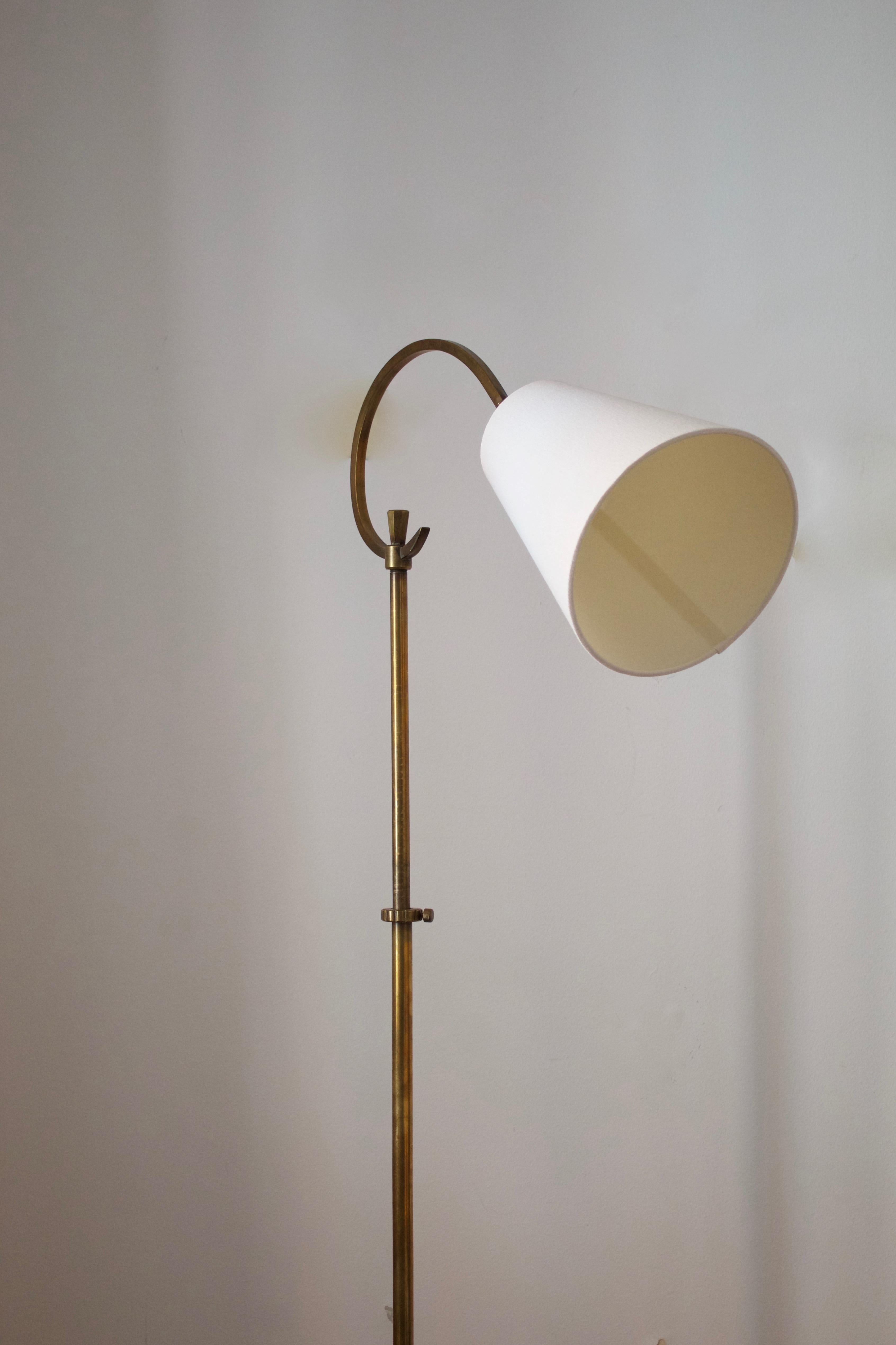 Mid-Century Modern Swedish, Adjustable Floor Lamp, Brass, Fabric, Sweden, 1940s