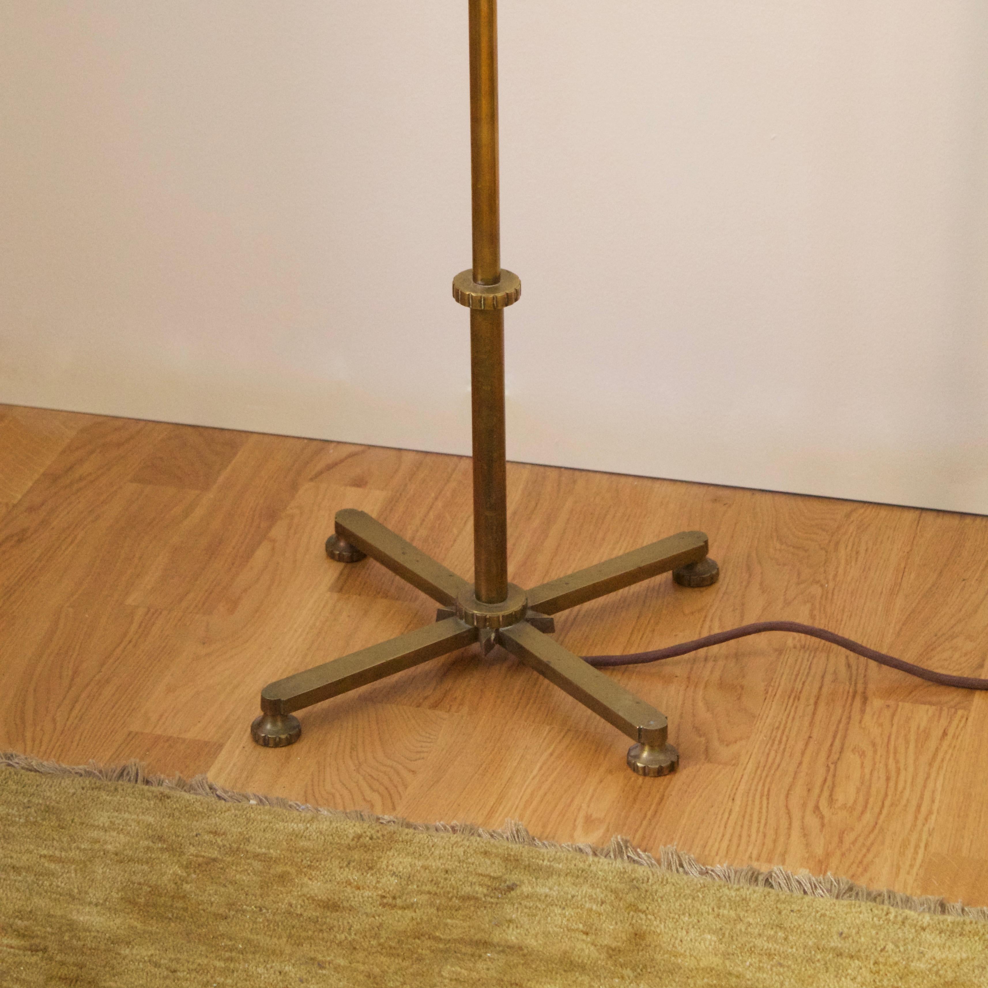 Mid-20th Century Swedish, Adjustable Floor Lamp, Brass, Fabric, Sweden, 1940s