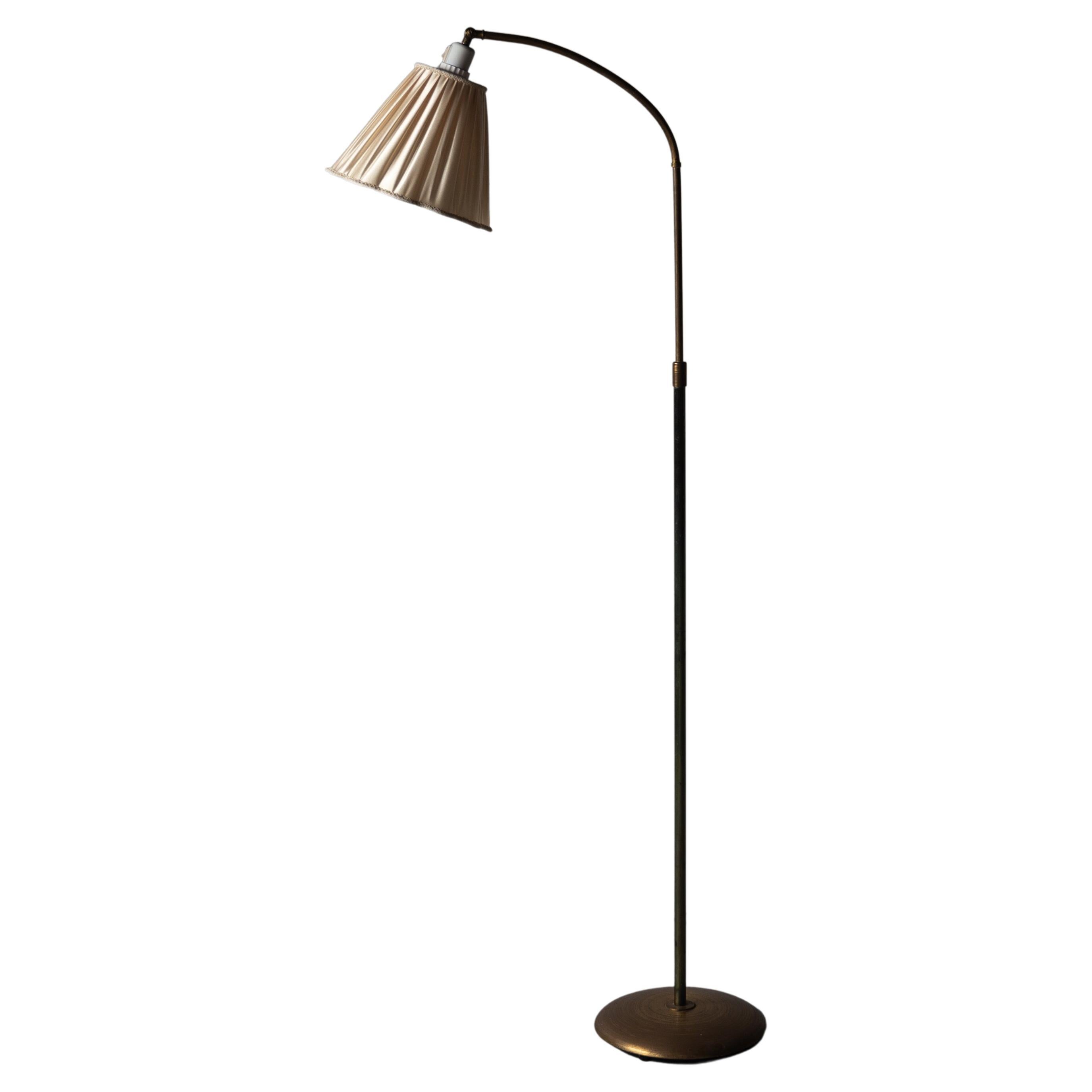 Swedish, Adjustable Floor Lamp, Brass, Fabric, Sweden, 1940s