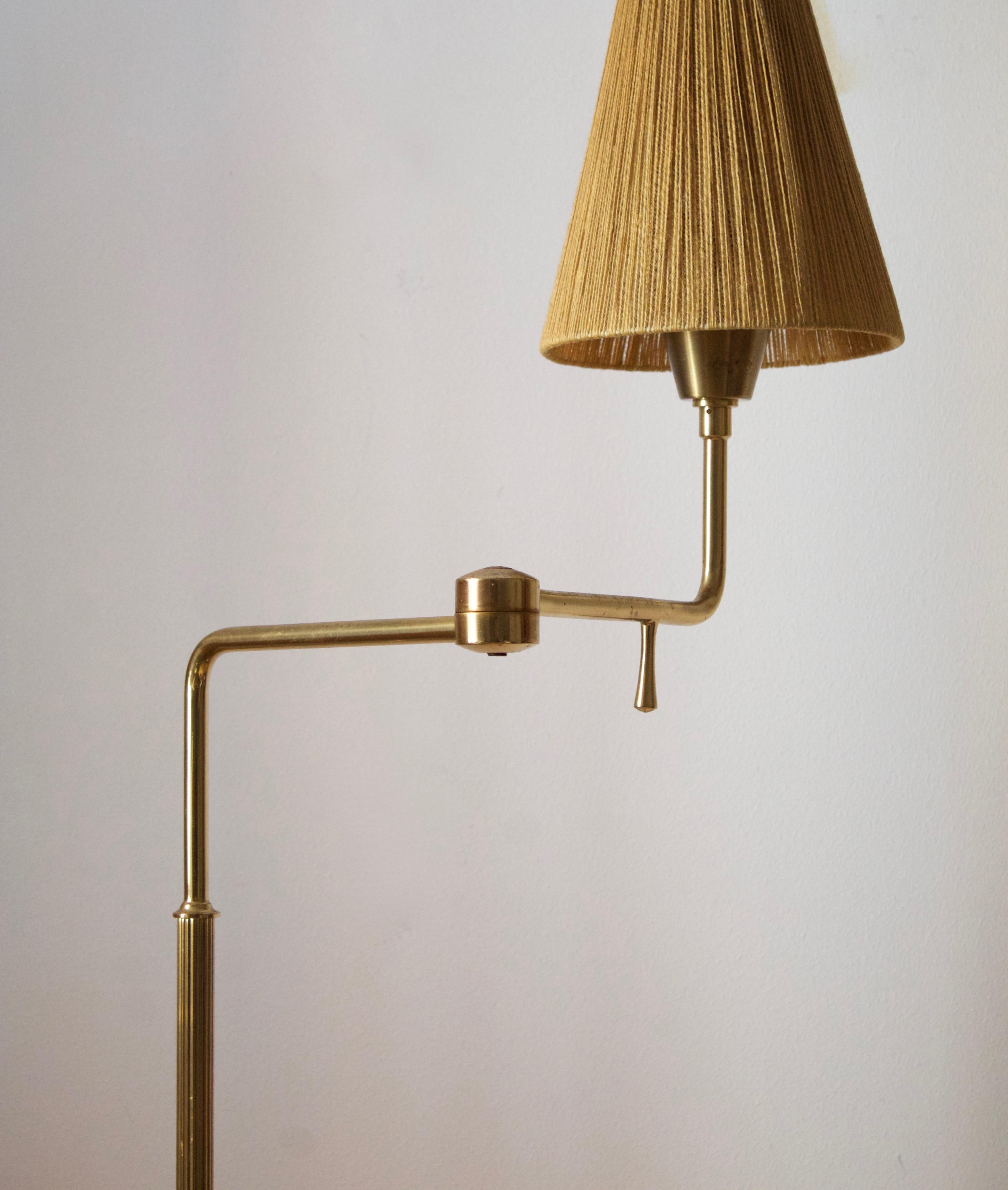 Mid-Century Modern Swedish, Adjustable Floor Lamp, Brass, Fabric, Sweden, 1950s