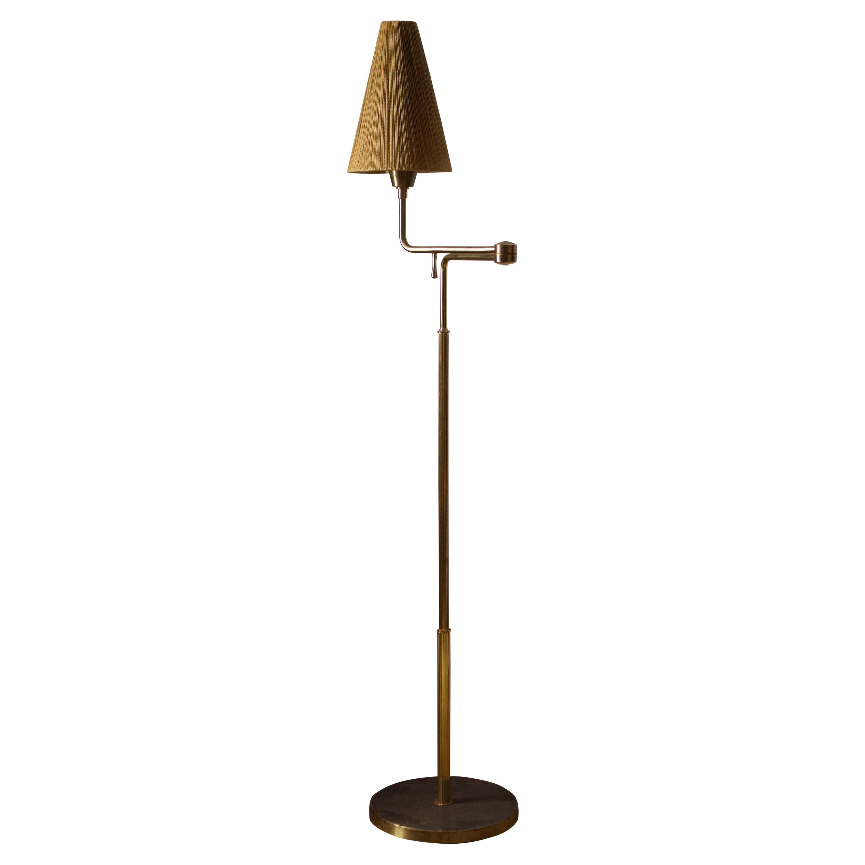 Swedish, Adjustable Floor Lamp, Brass, Fabric, Sweden, 1950s