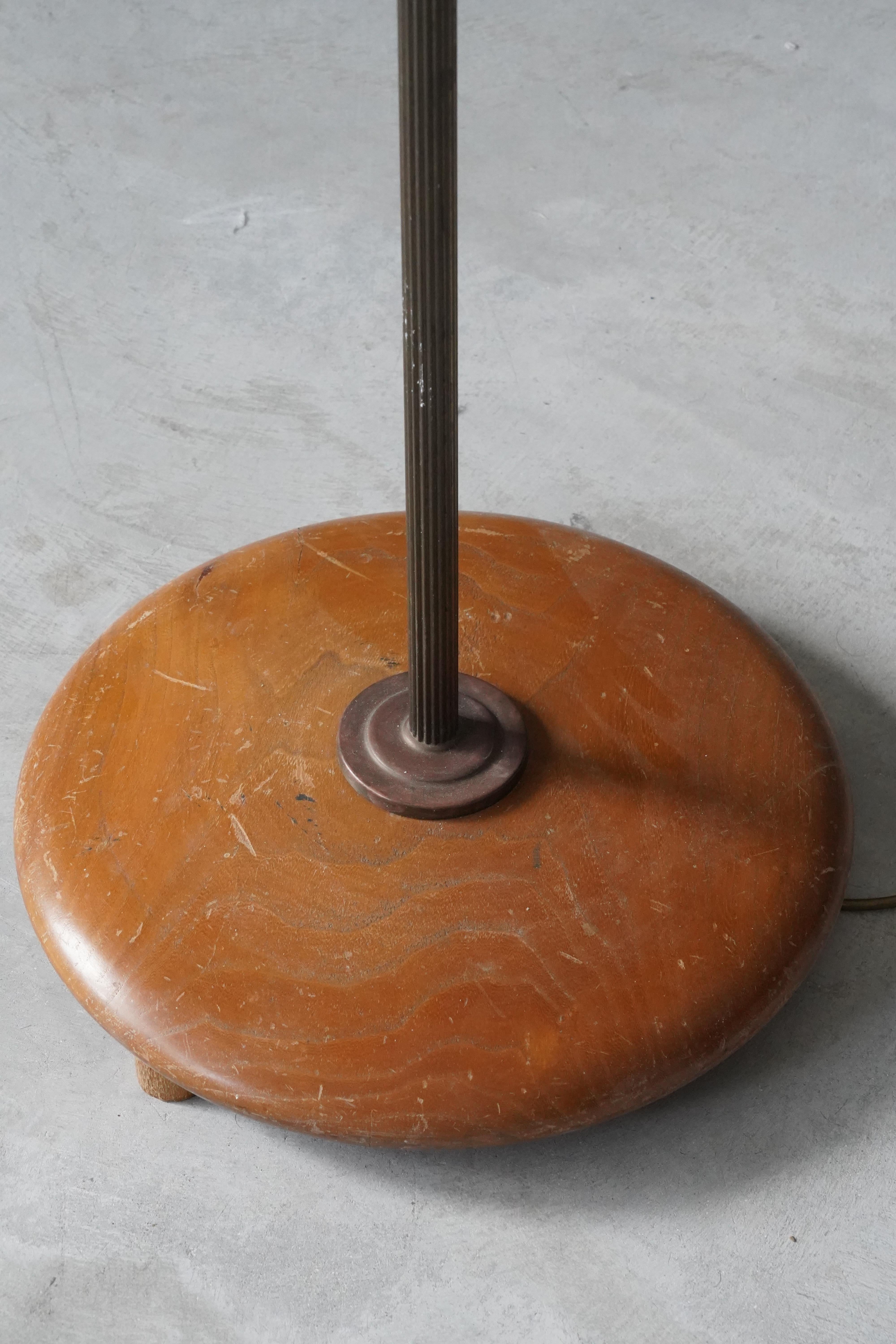 Swedish, Adjustable Floor Lamp, Brass, Oak, Rattan, Sweden, 1940s 1