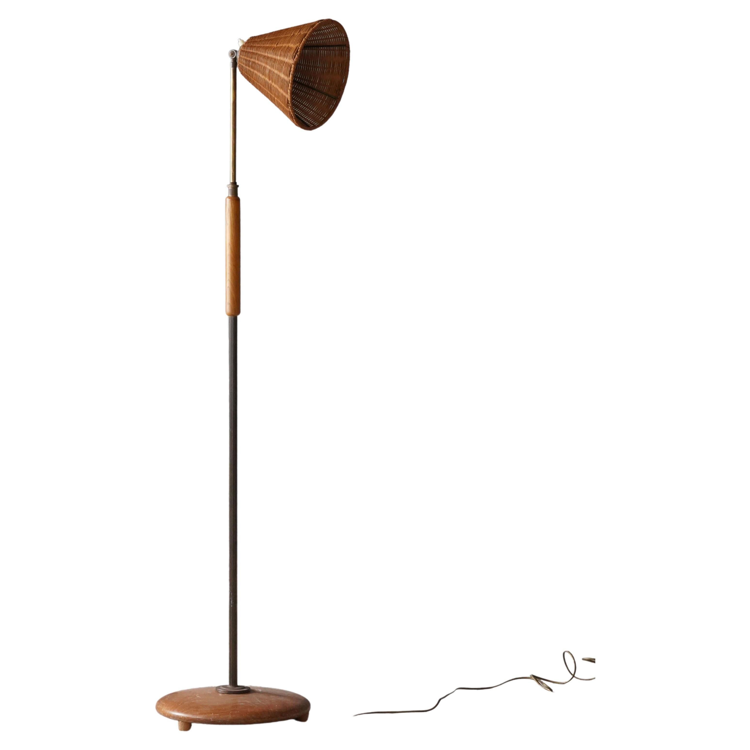 Swedish, Adjustable Floor Lamp, Brass, Oak, Rattan, Sweden, 1940s