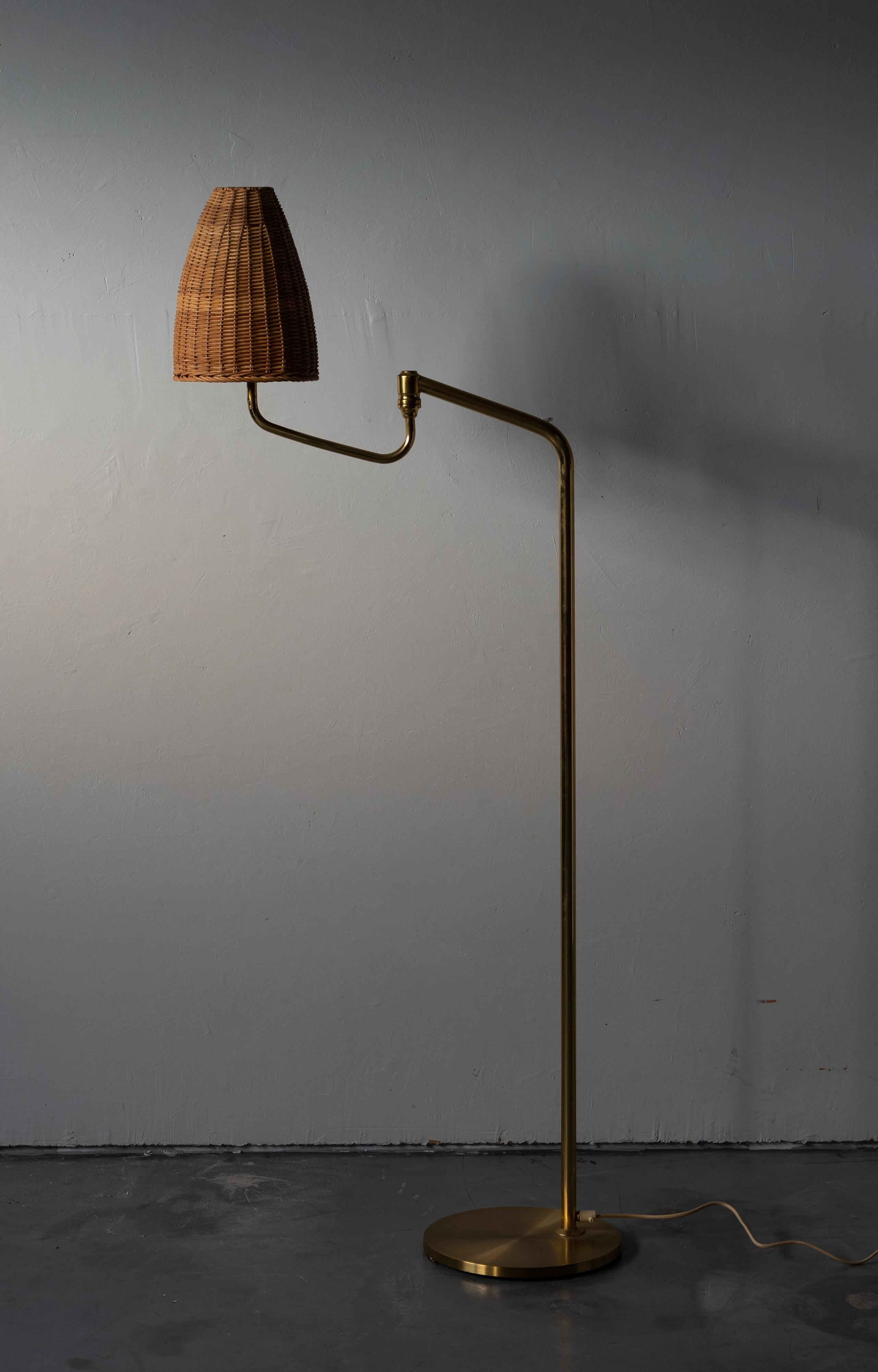 Mid-Century Modern Swedish, Adjustable Floor Lamp, Brass, Rattan, Sweden, 1970s