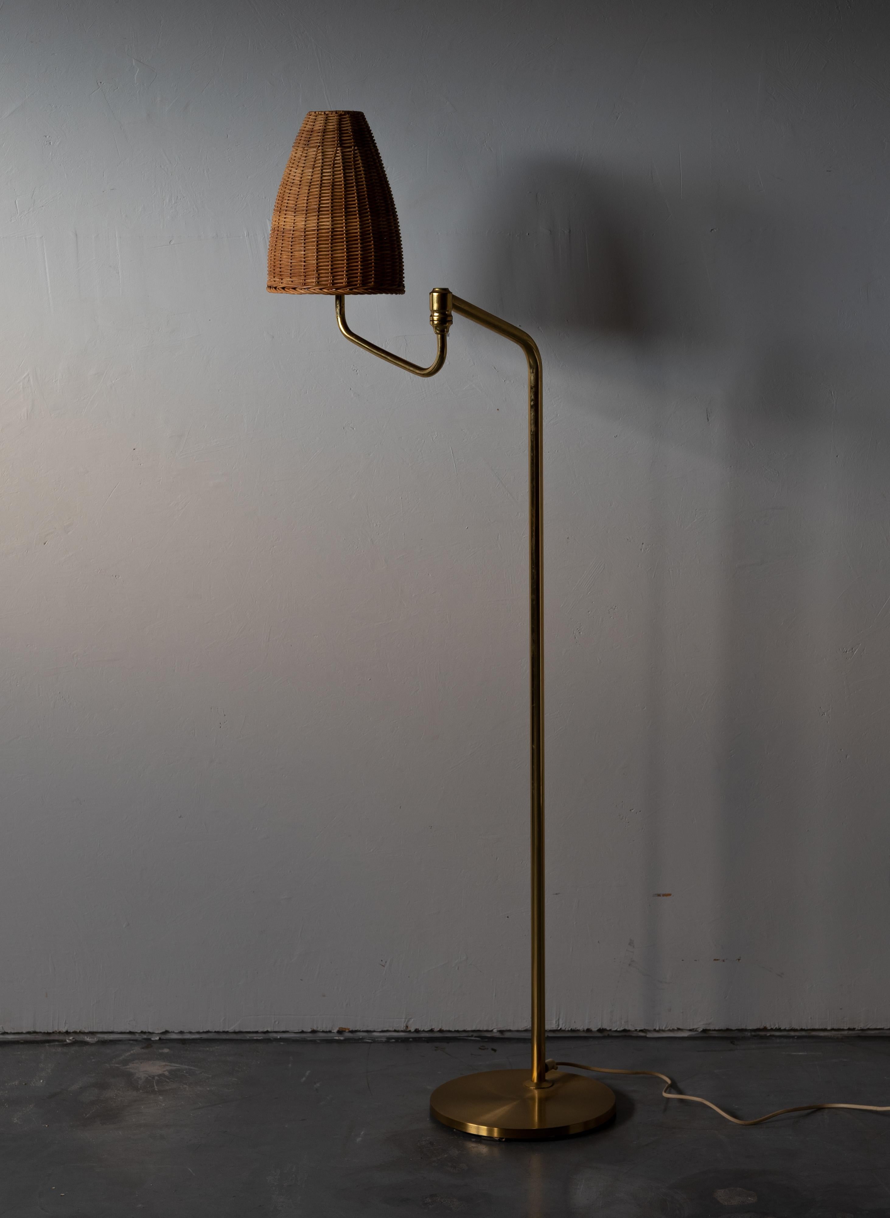 Mid-20th Century Swedish, Adjustable Floor Lamp, Brass, Rattan, Sweden, 1970s