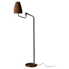 Swedish, Adjustable Floor Lamp, Brass, Rattan, Sweden, 1970s
