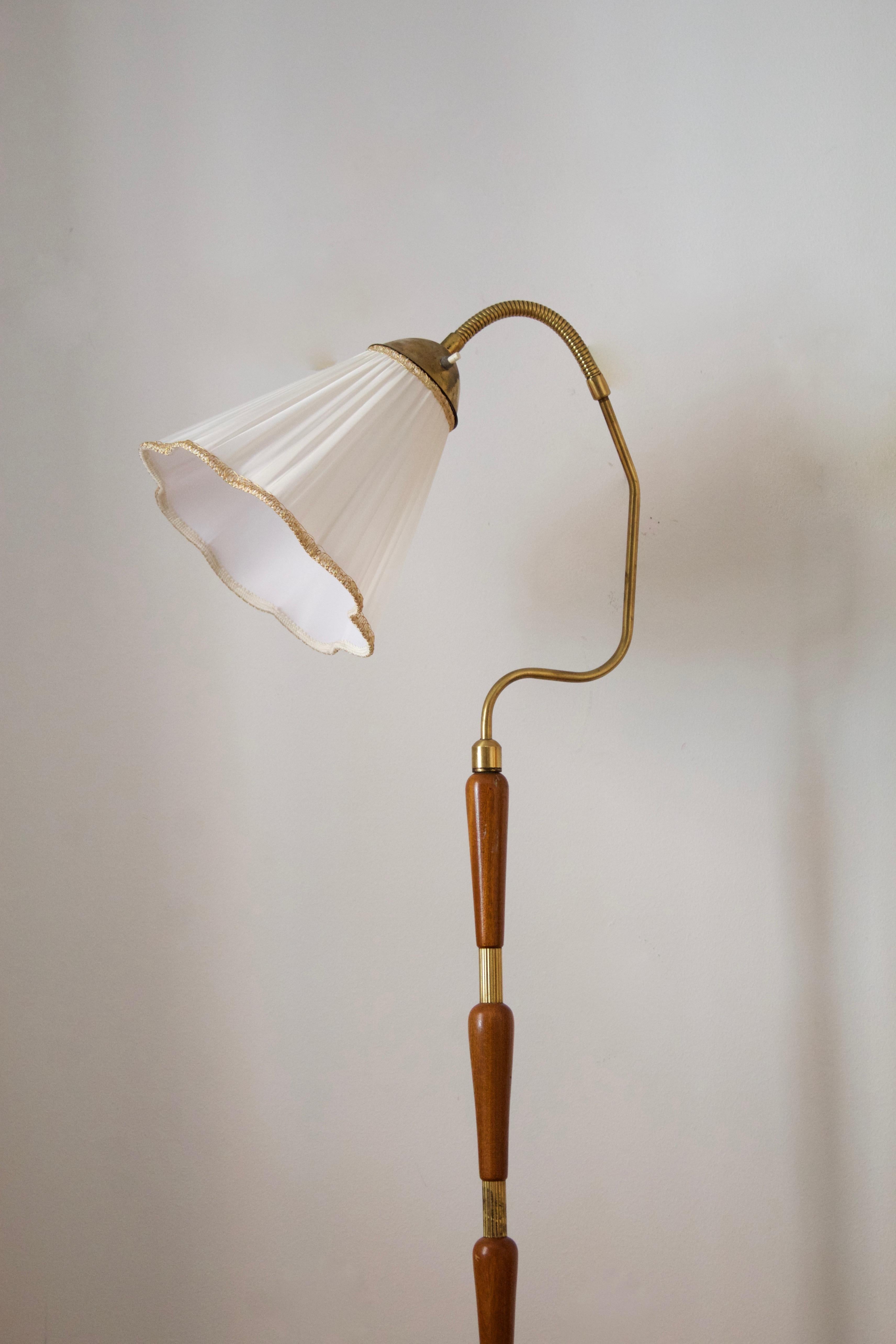 Mid-Century Modern Swedish, Adjustable Floor Lamp, Brass, Stained Oak, Fabric, Sweden, 1950s