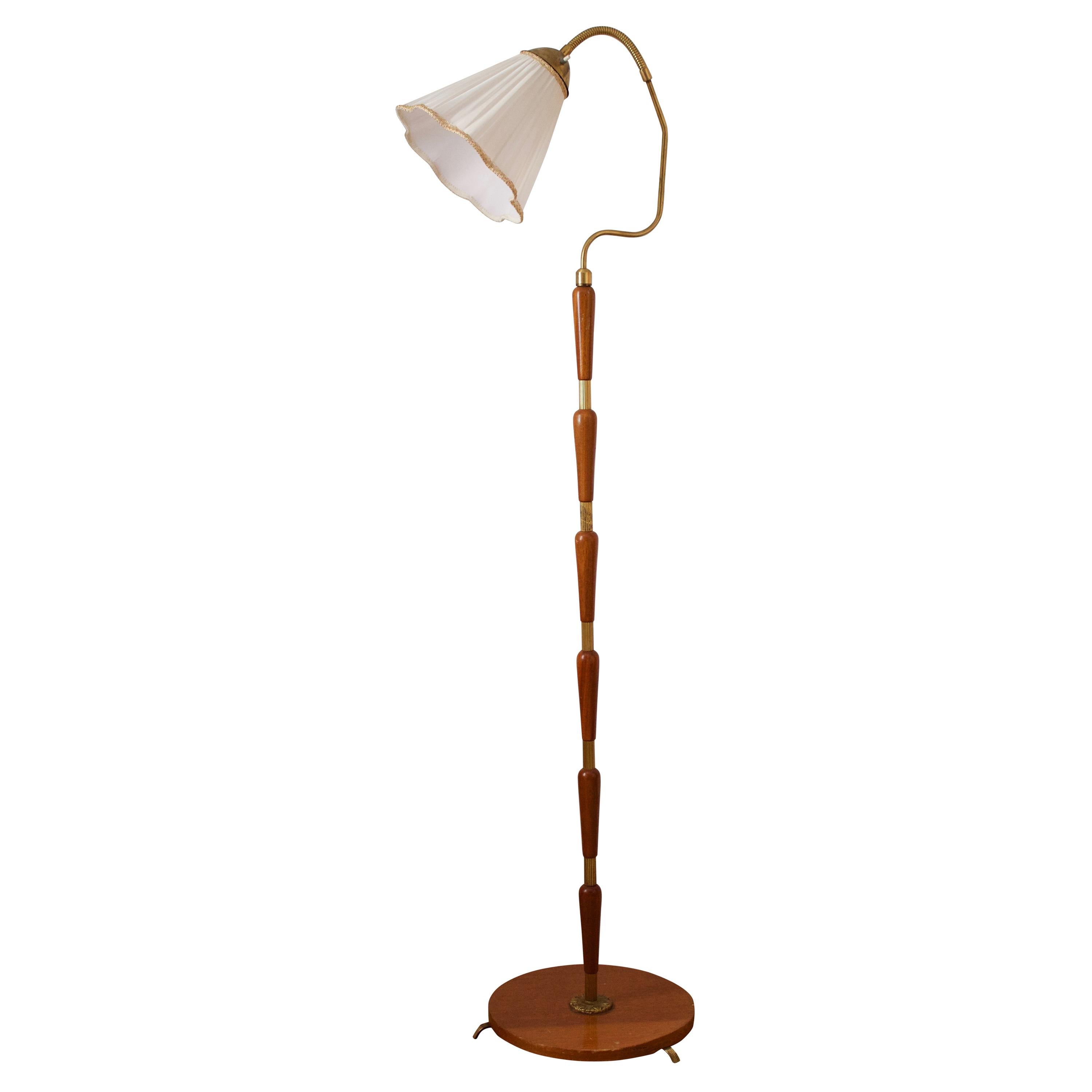 Swedish, Adjustable Floor Lamp, Brass, Stained Oak, Fabric, Sweden, 1950s