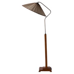 Swedish, Adjustable Floor Lamp, Brass, wood, Fabric, Sweden, 1940s