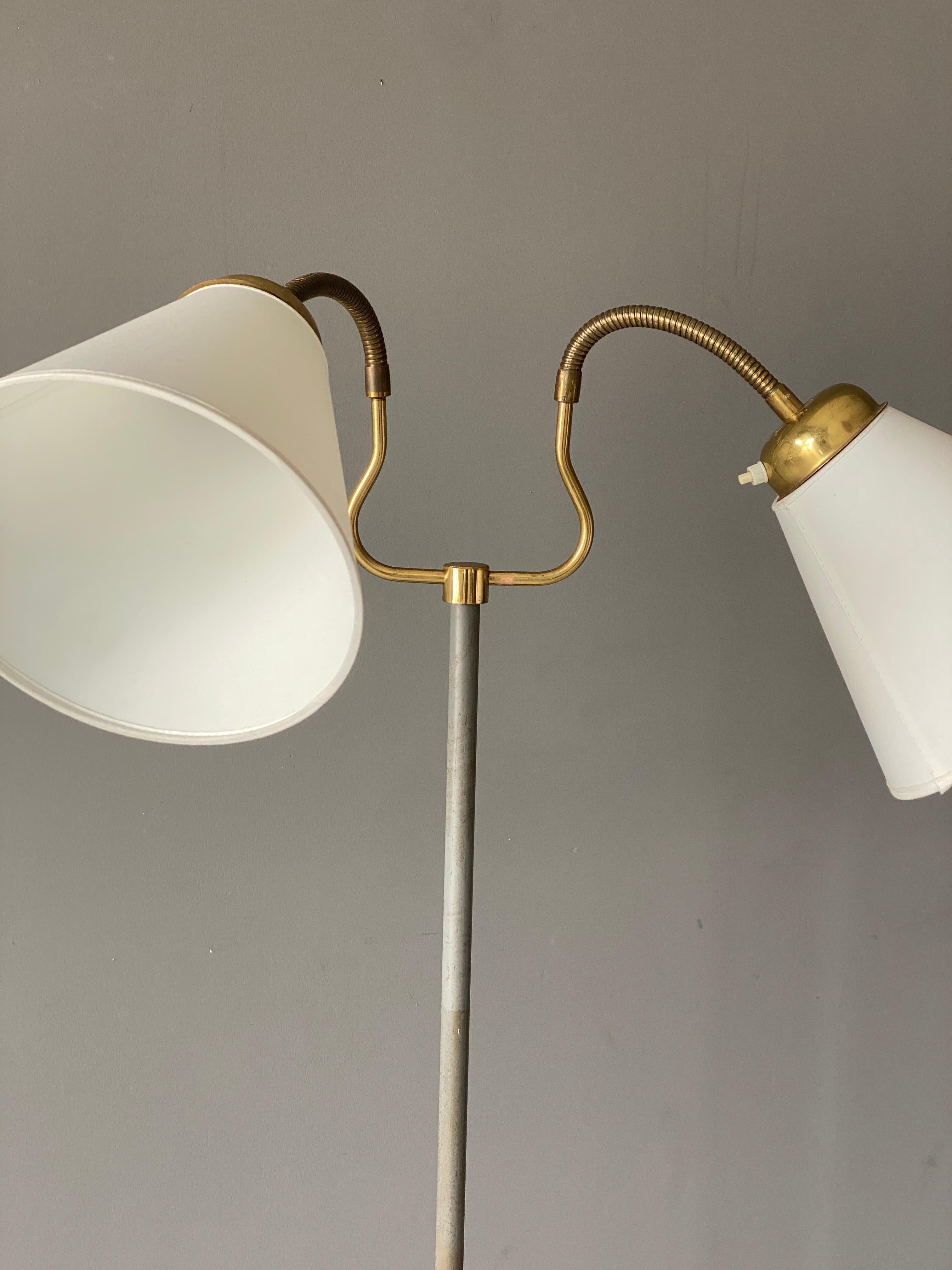 Scandinavian Modern Swedish, Adjustable Floor Lamp, Brass, Wood, Painted Metal, Fabric, 1940s