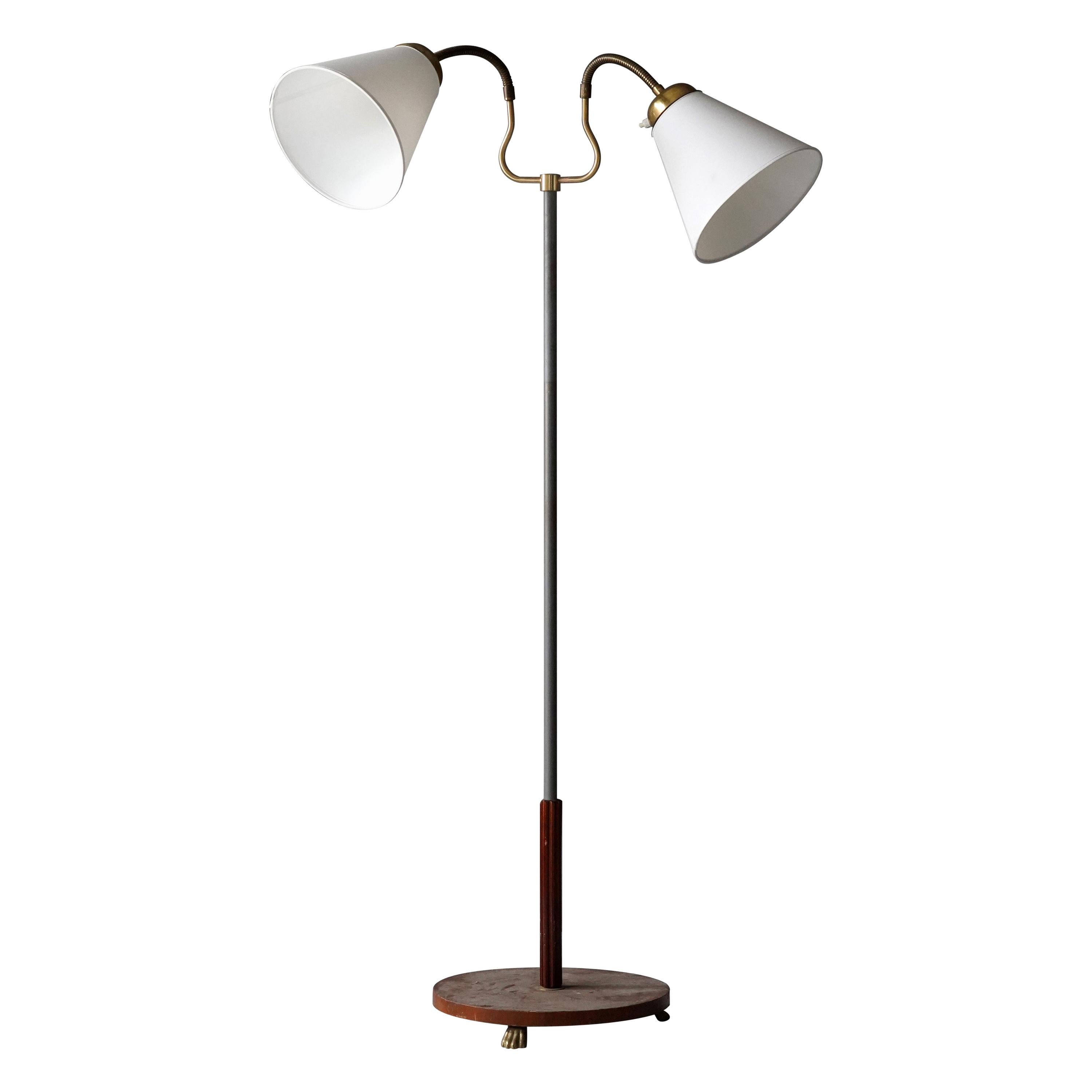 Swedish, Adjustable Floor Lamp, Brass, Wood, Painted Metal, Fabric, 1940s