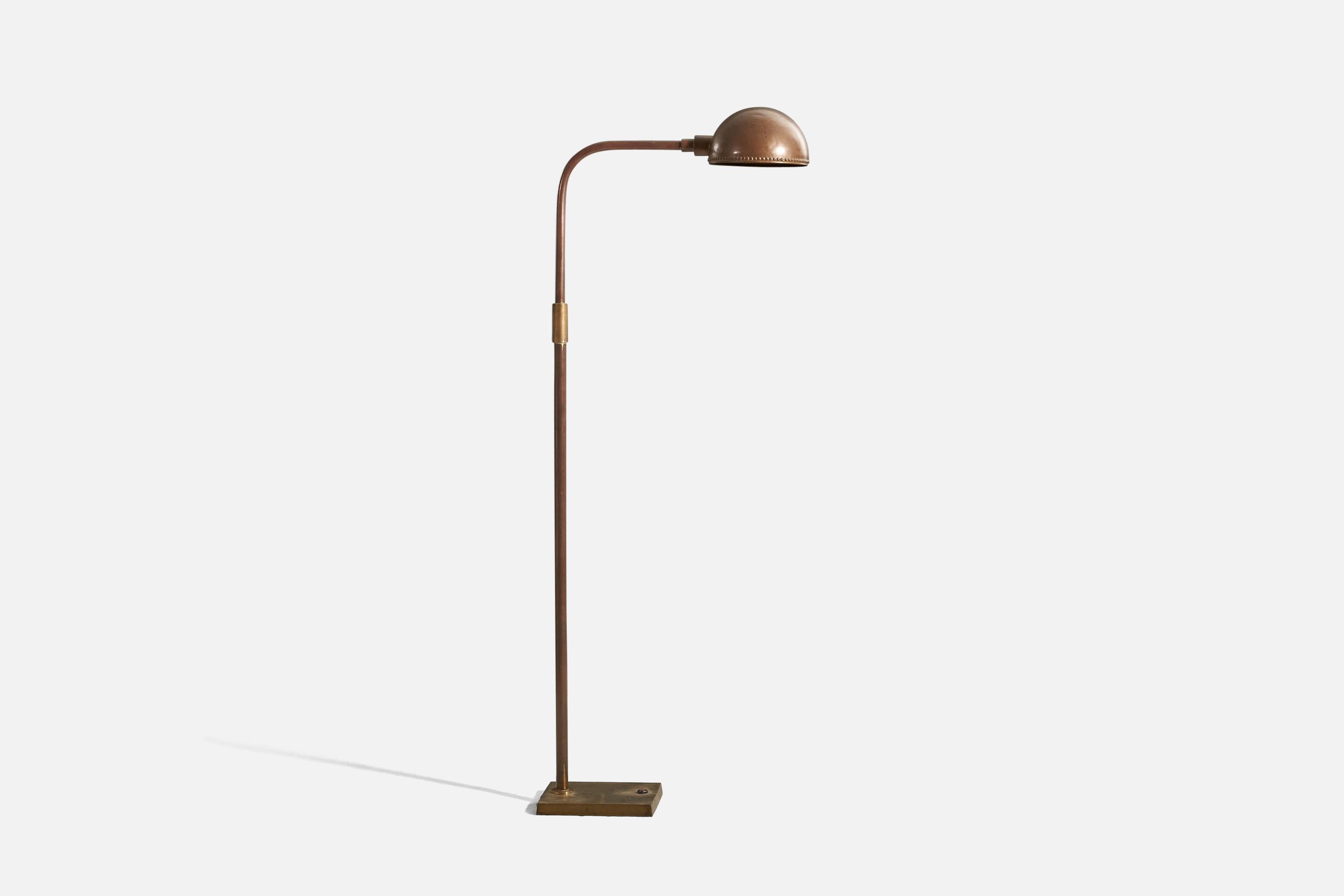 Mid-Century Modern Swedish Designer, Adjustable Floor Lamp, Patinated Brass, Sweden, 1950s For Sale