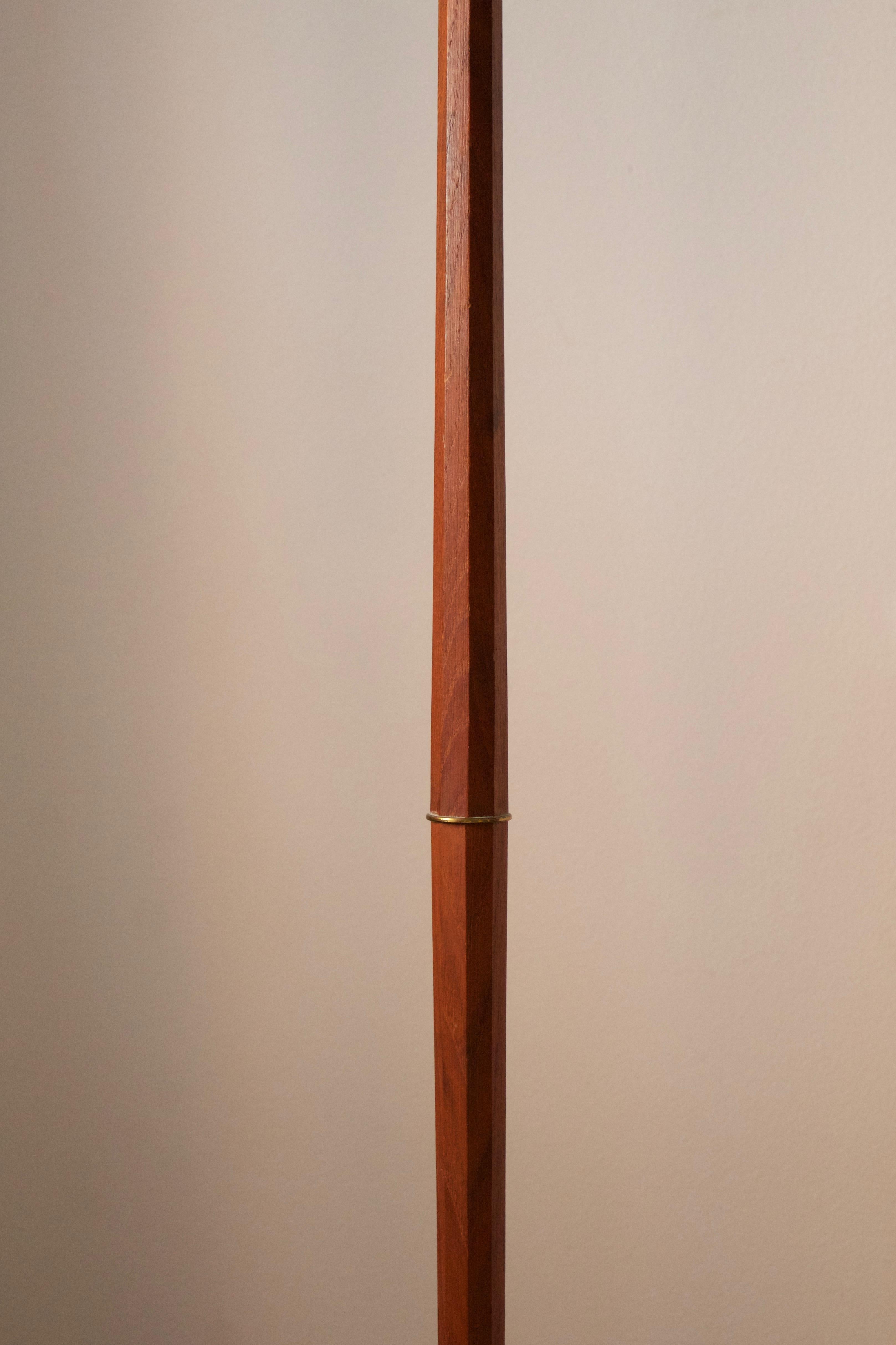 Mid-Century Modern Swedish, Adjustable Floor Lamp, Teak, Brass, Fabric, Sweden, 1950s