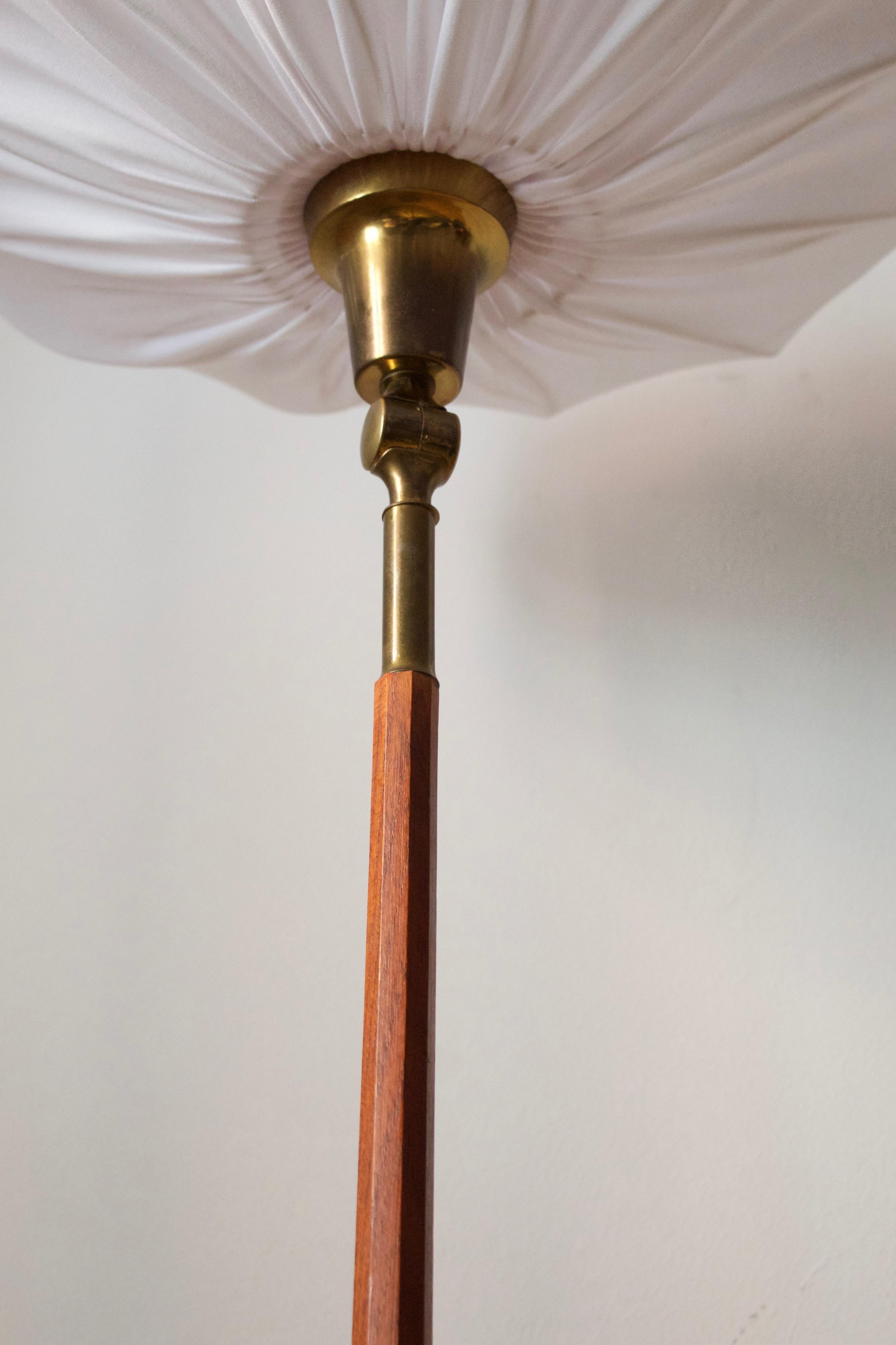 Swedish, Adjustable Floor Lamp, Teak, Brass, Fabric, Sweden, 1950s In Good Condition In High Point, NC