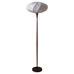 Swedish, Adjustable Floor Lamp, Teak, Brass, Fabric, Sweden, 1950s