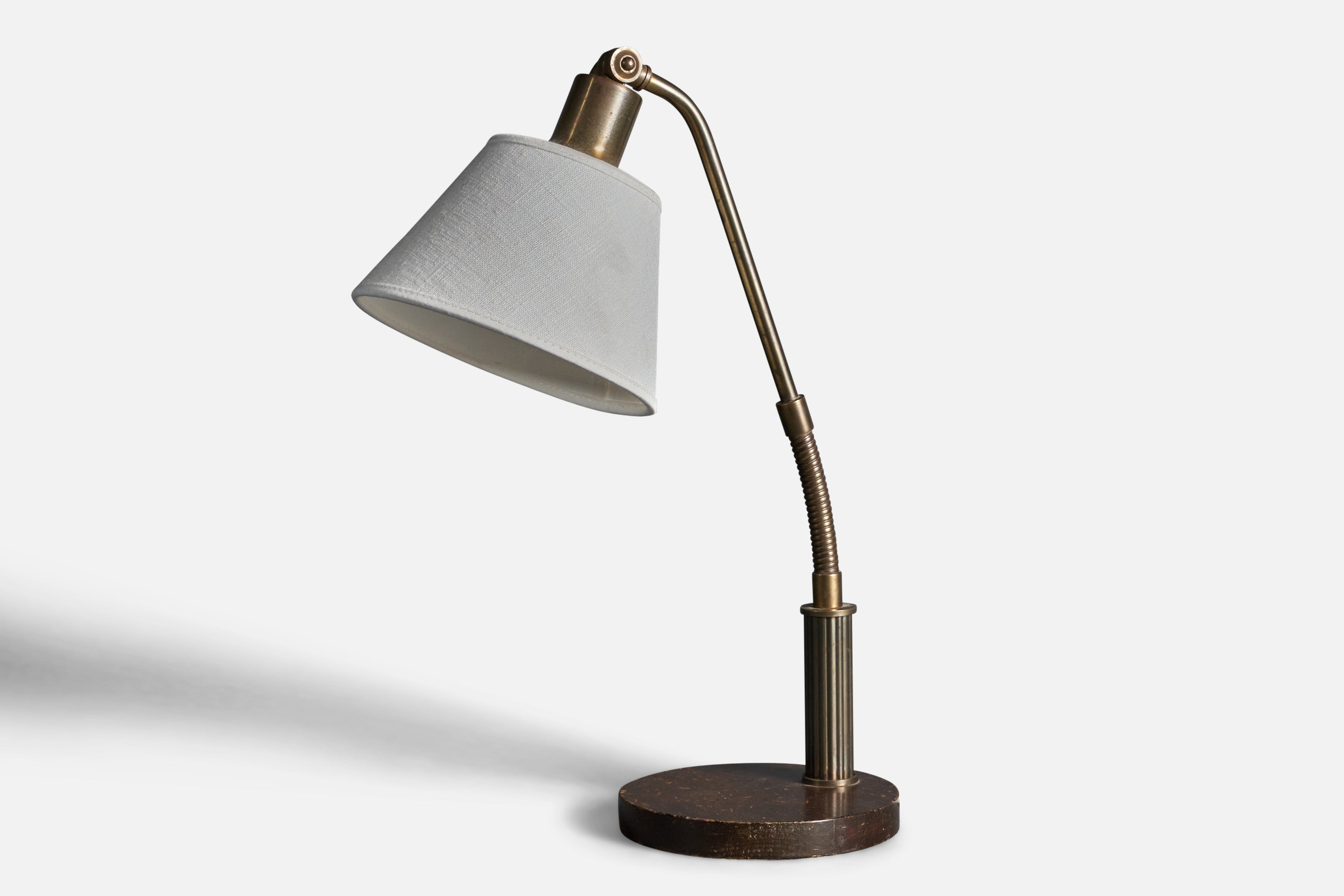 Swedish, Adjustable Functionalist Desk Light, Brass, Wood, Fabric, Sweden, 1940s For Sale