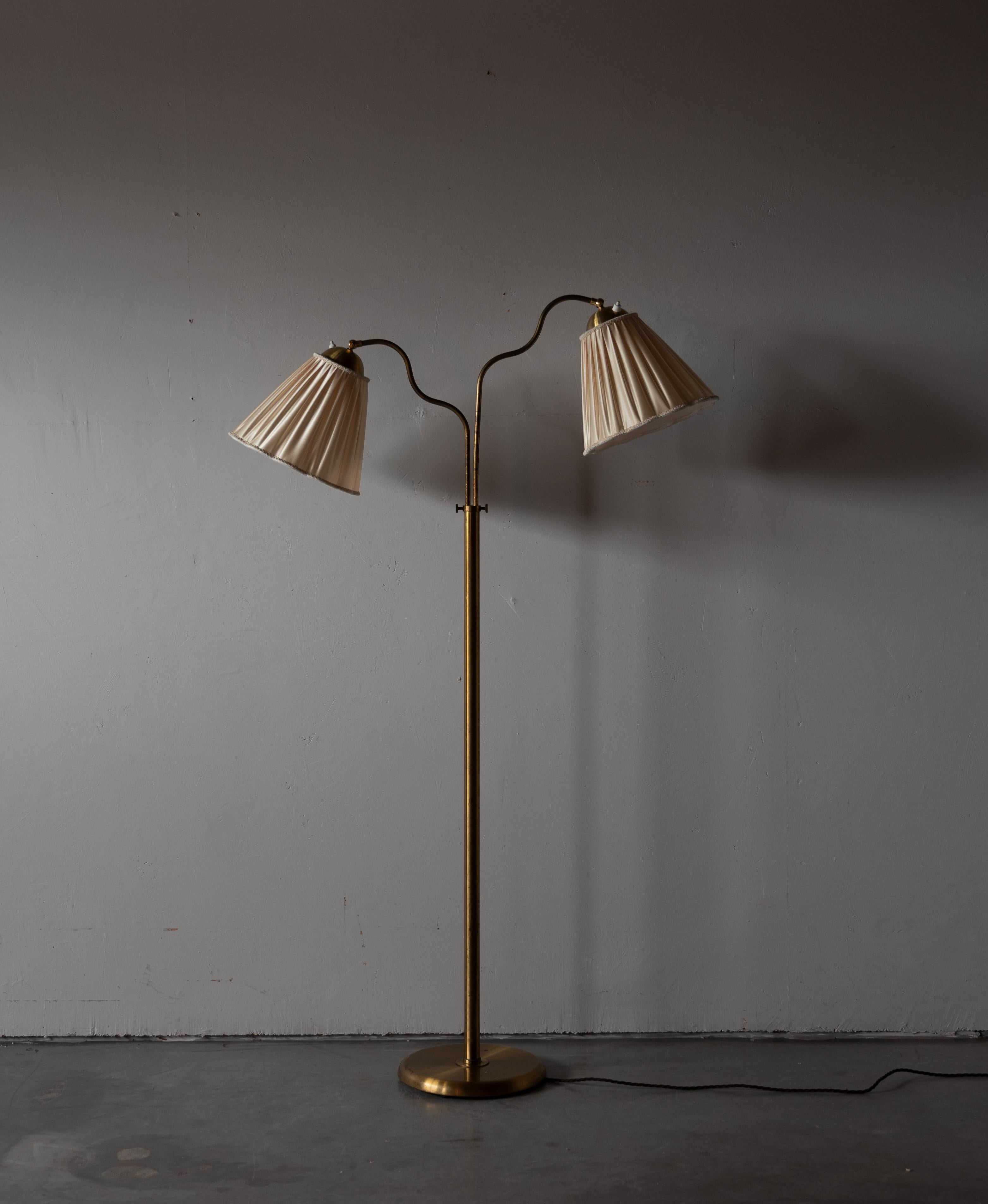 Mid-Century Modern Swedish, Adjustable Organic Floor Lamp, Brass, Fabric, Sweden, 1940s