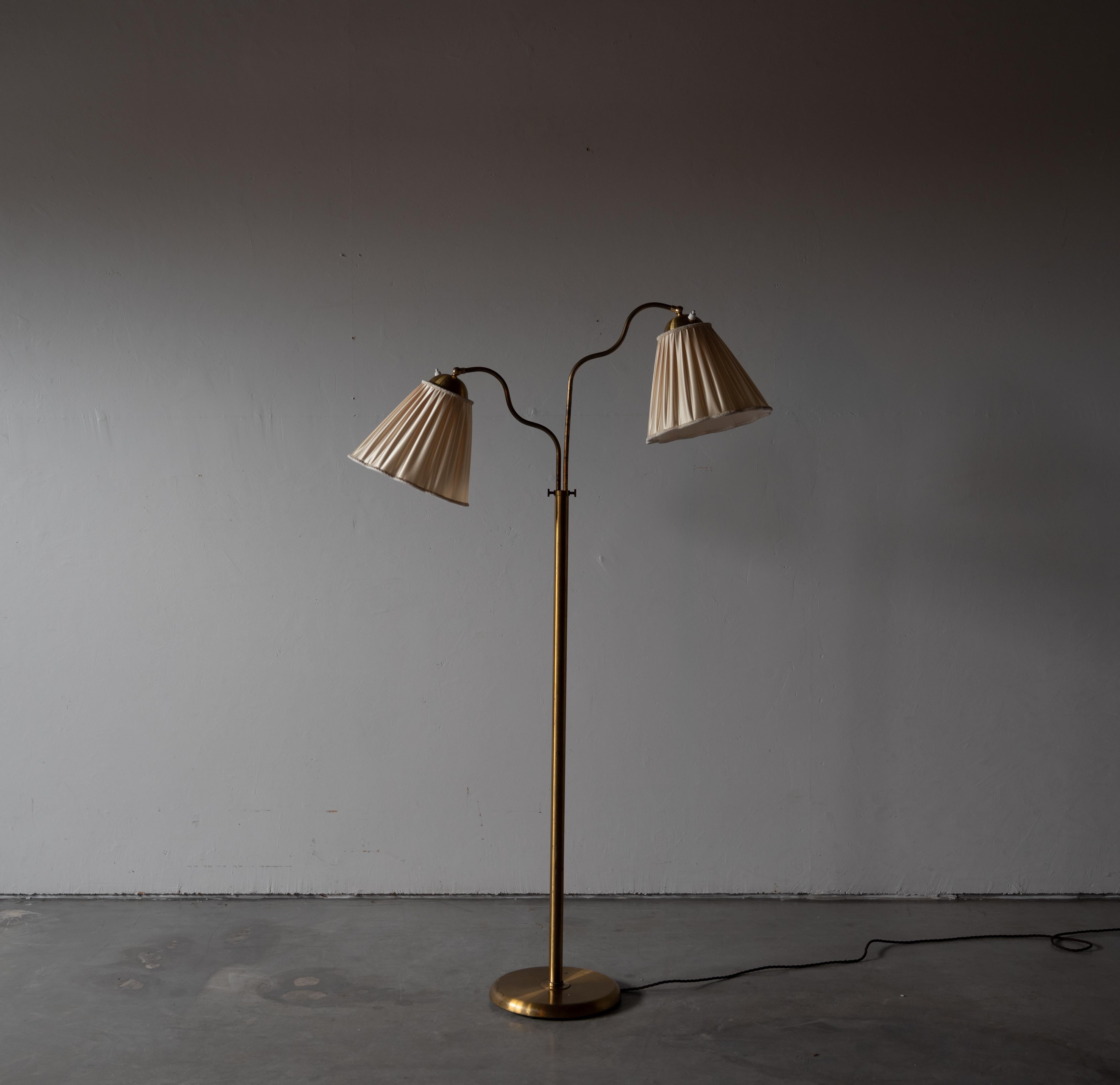 Mid-20th Century Swedish, Adjustable Organic Floor Lamp, Brass, Fabric, Sweden, 1940s