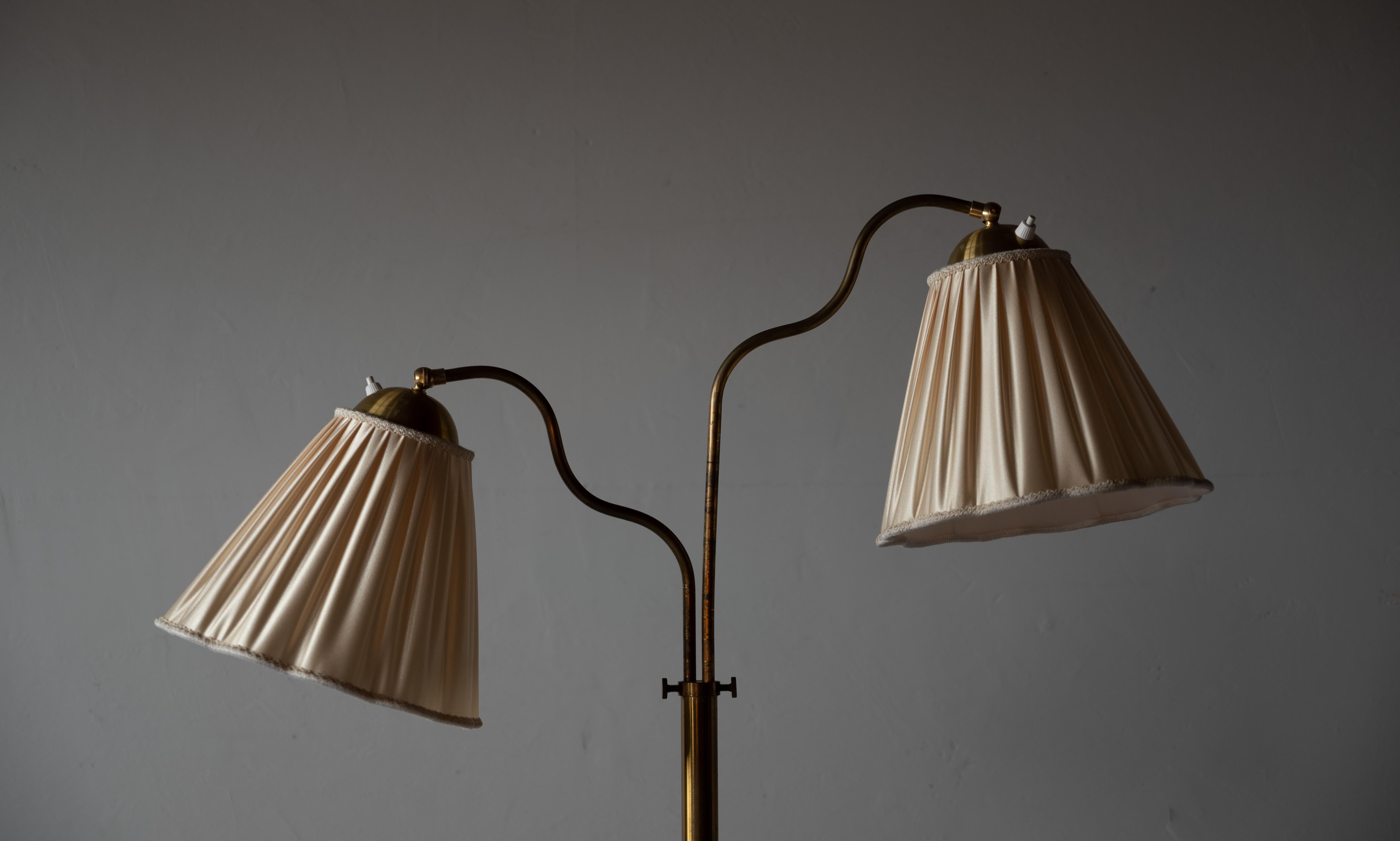 Swedish, Adjustable Organic Floor Lamp, Brass, Fabric, Sweden, 1940s 1
