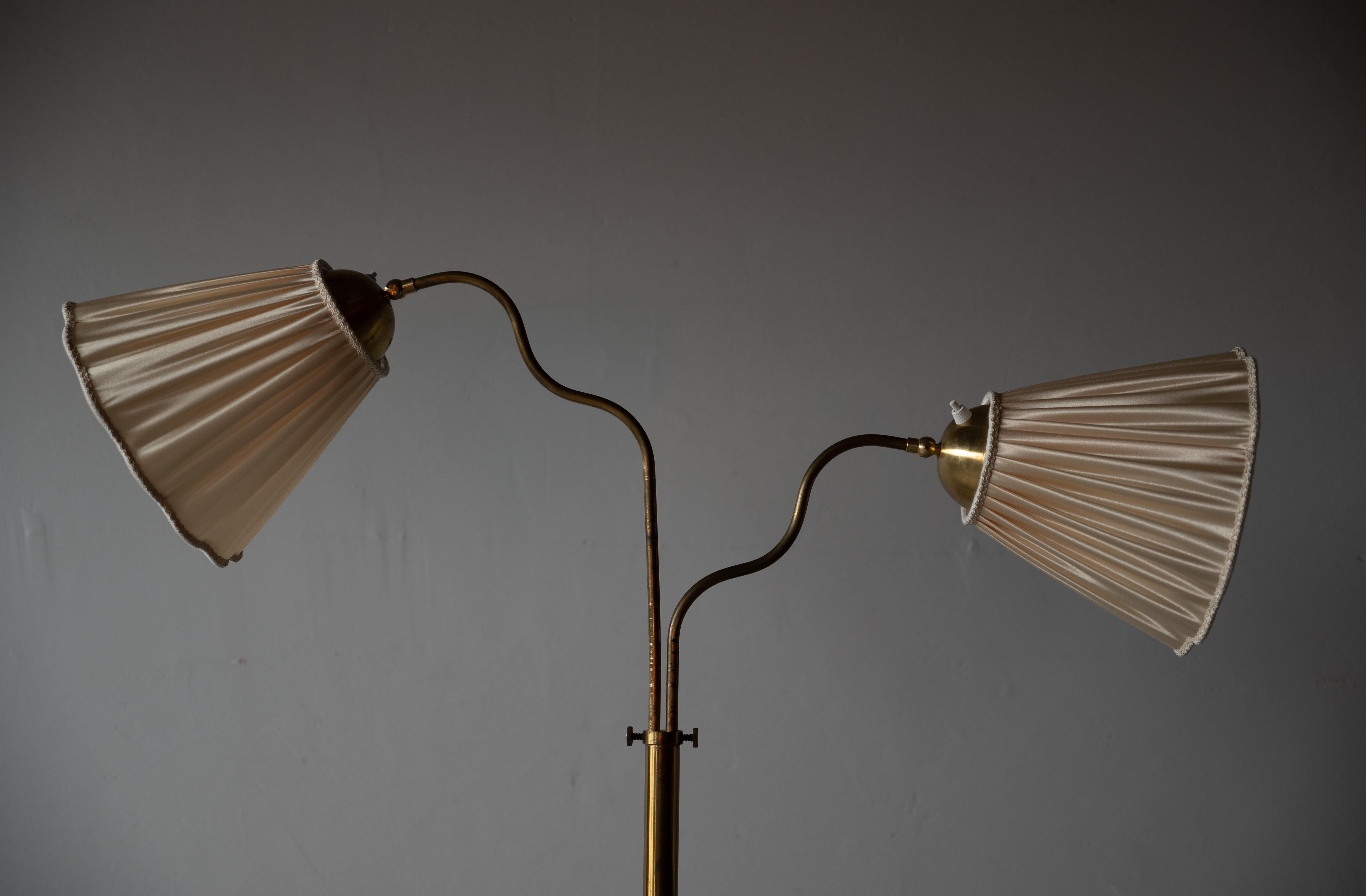 Swedish, Adjustable Organic Floor Lamp, Brass, Fabric, Sweden, 1940s 4