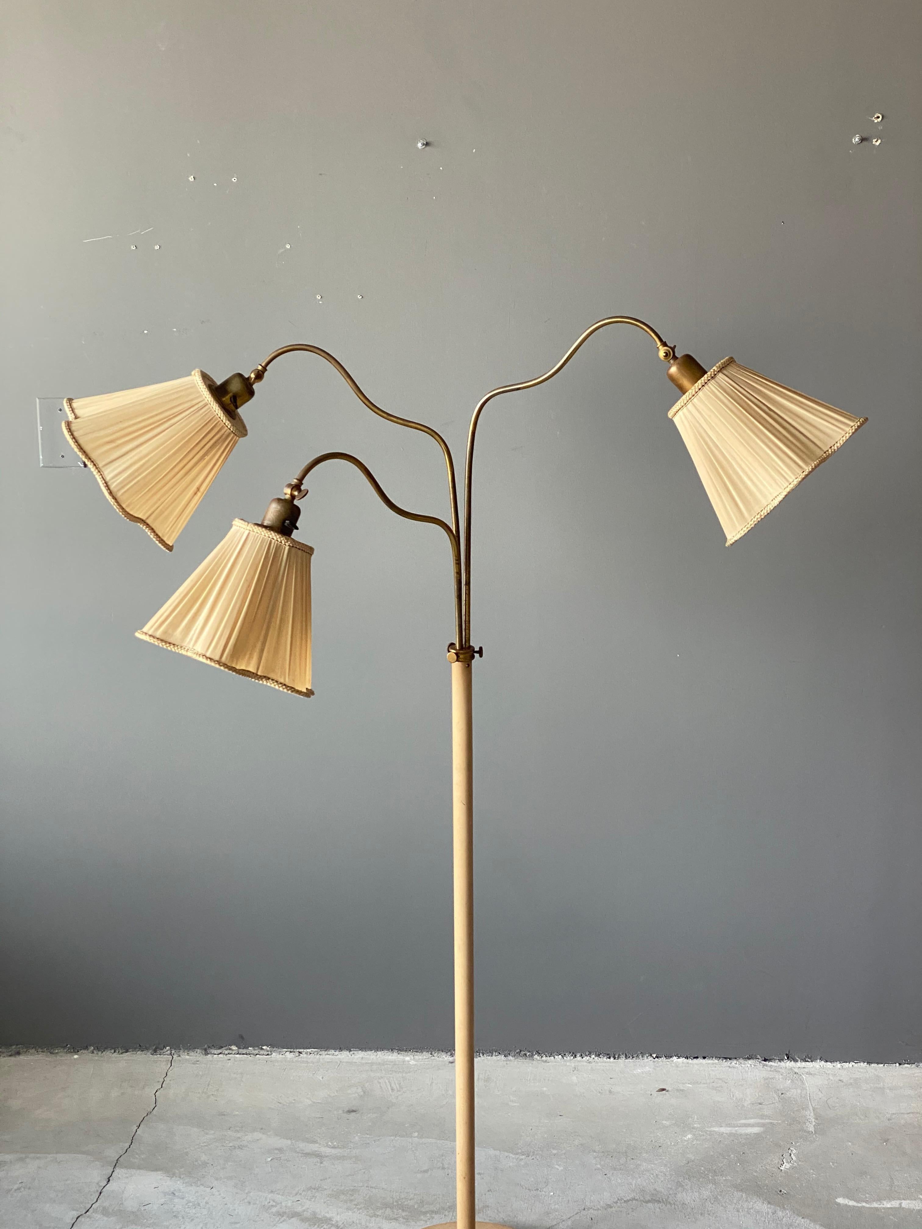 Scandinavian Modern Swedish, Adjustable Organic Floor Lamp, Brass, Painted Metal, Fabric, 1940s
