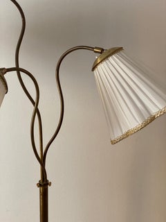 Swedish, Adjustable Organic Floor Lamp, Brass, Wood, Fabric, 1940s