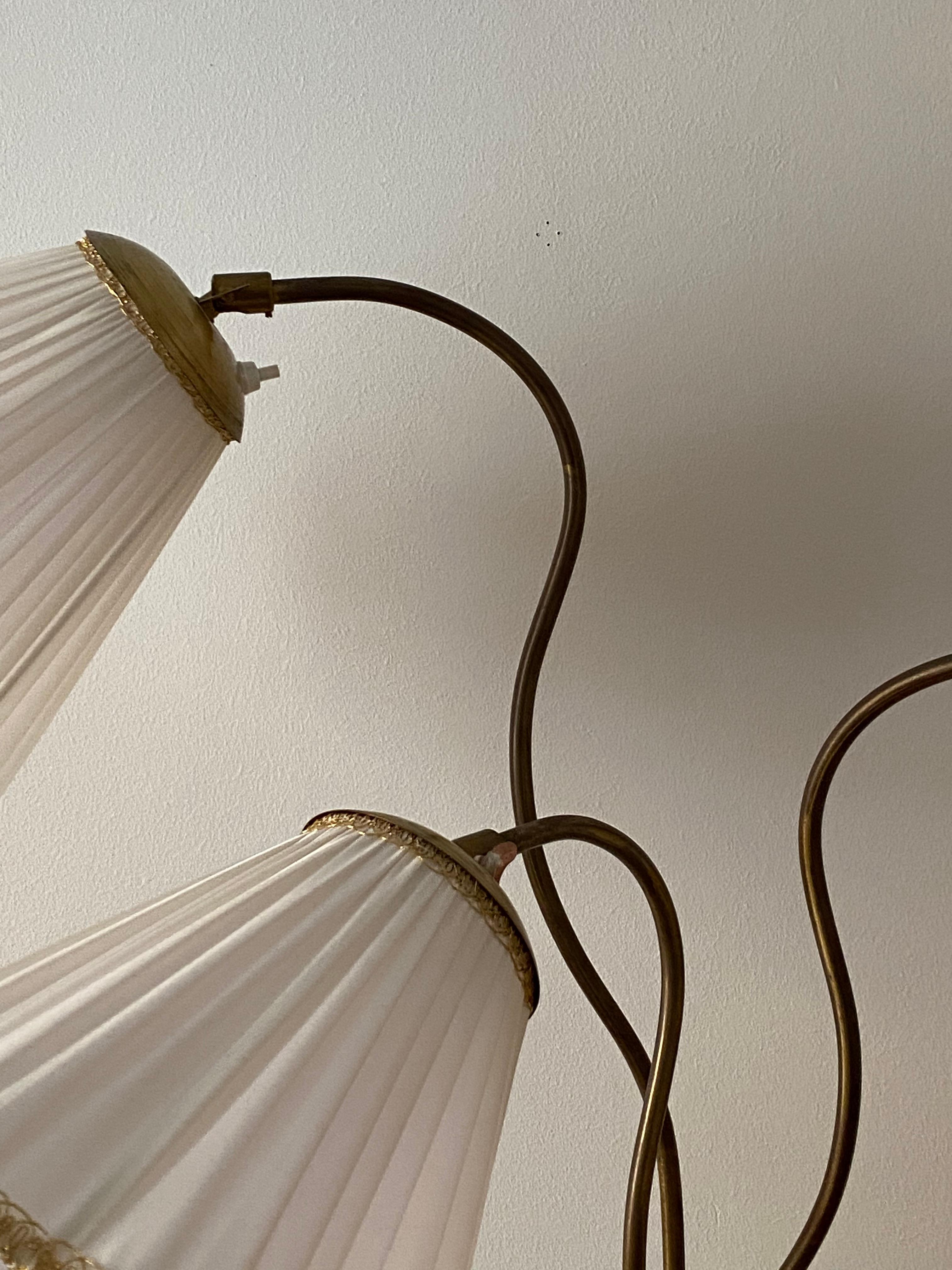 Scandinavian Modern Swedish, Adjustable Organic Floor Lamp, Brass, Wood, Fabric, 1940s